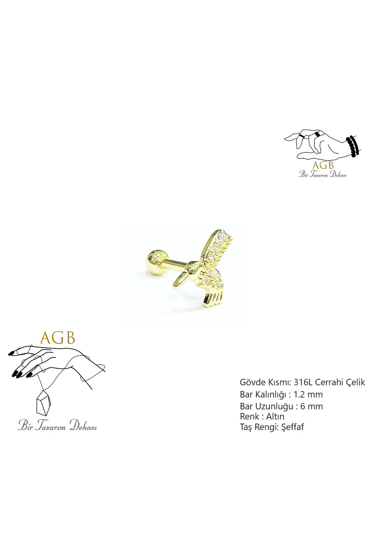 "AGB" Parıltı Taşlı Kuş Figürlü Aksesuarlı  Kulak, Kıkırdak, Helix & Tragus Piercing 1