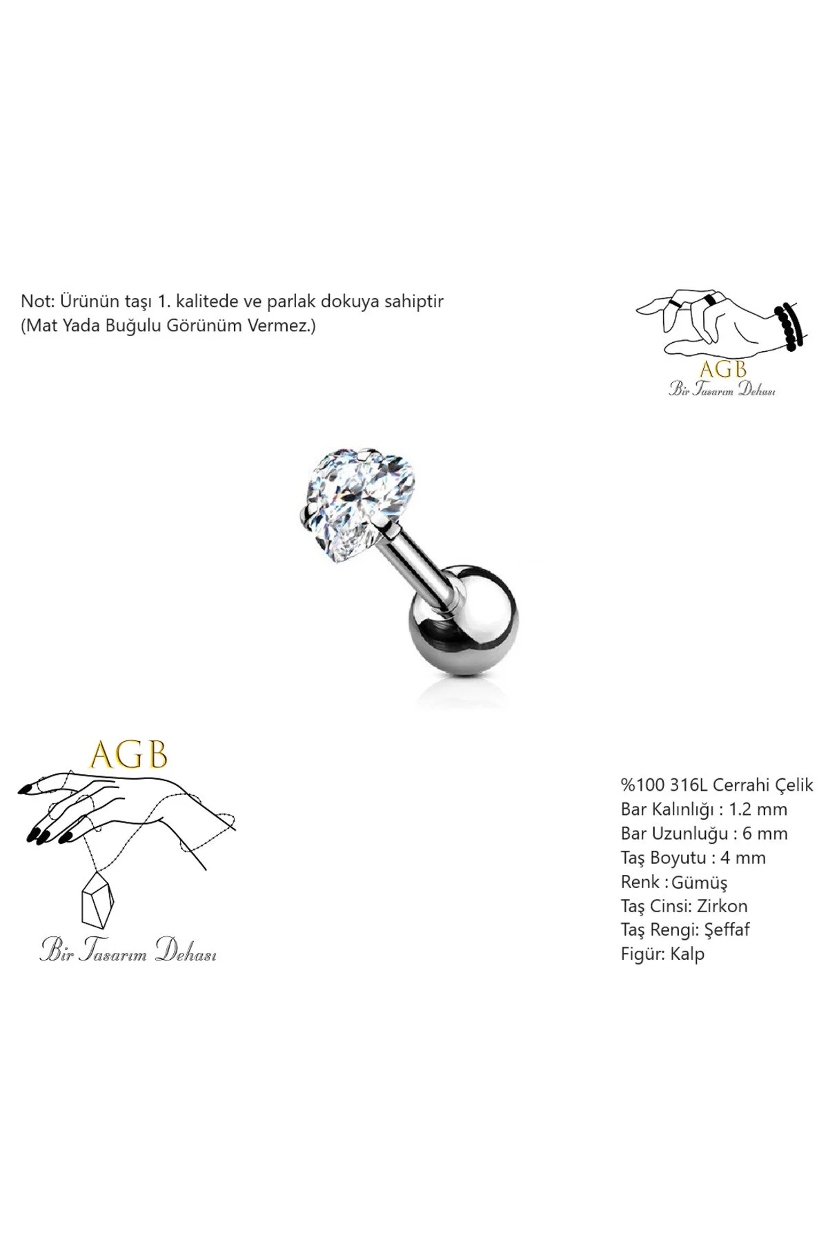 AGB Parıltı Kalp Taşlı 316L Cerrahi Çelik  (Helix) & Burun Piercing (%100 AGB İbareli) 1