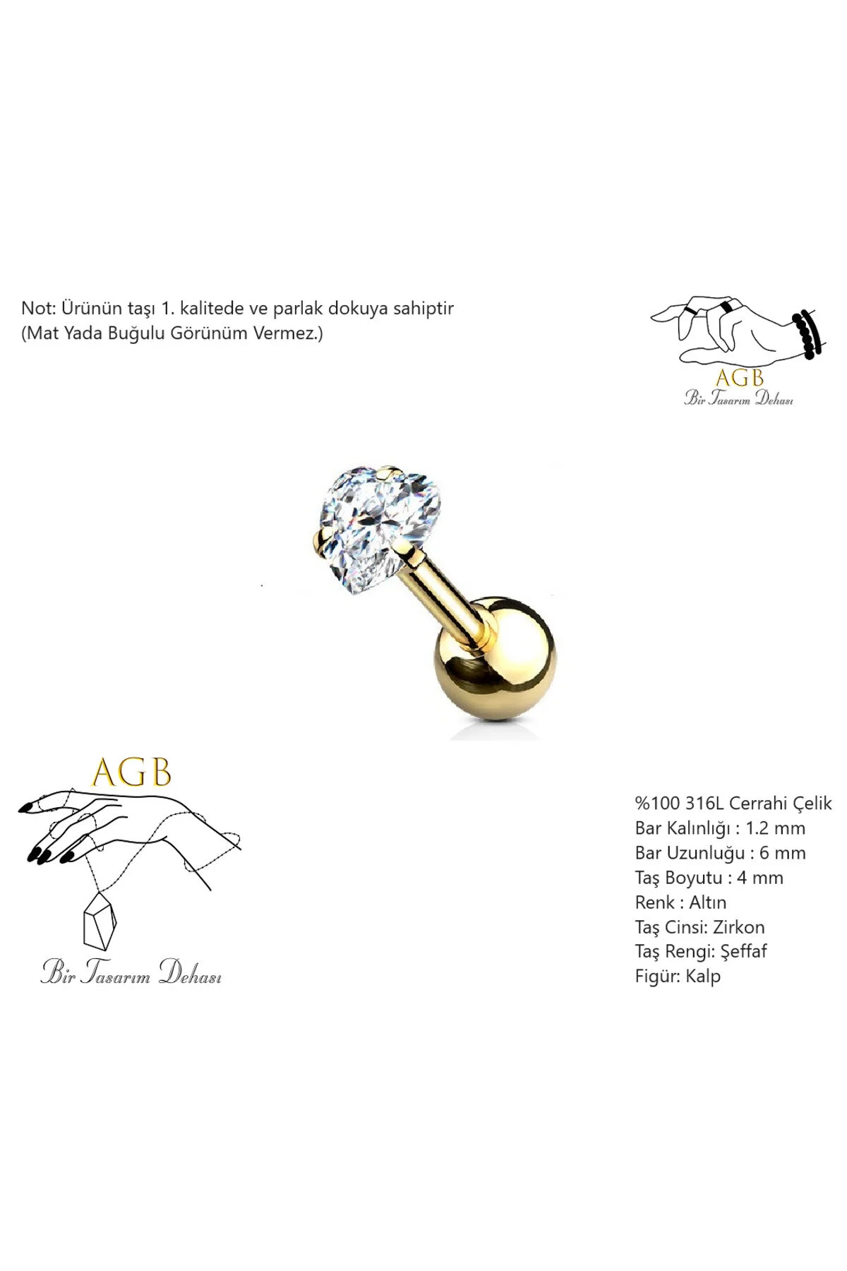 AGB Parıltı Kalp Taşlı 316L Cerrahi Çelik  (Helix) & Burun Piercing (%100 AGB İbareli) 1