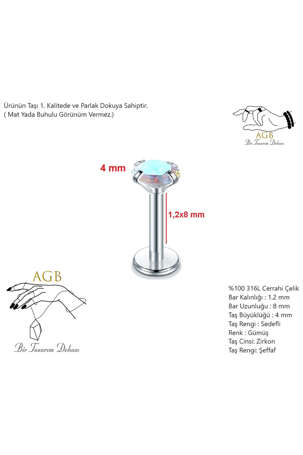 Zarif "AGB" Parıltı Taşlı 316L Cerrahi Çelik Helix, Dudak & Burun Piercing (%100 "AGB" İbareli) 1