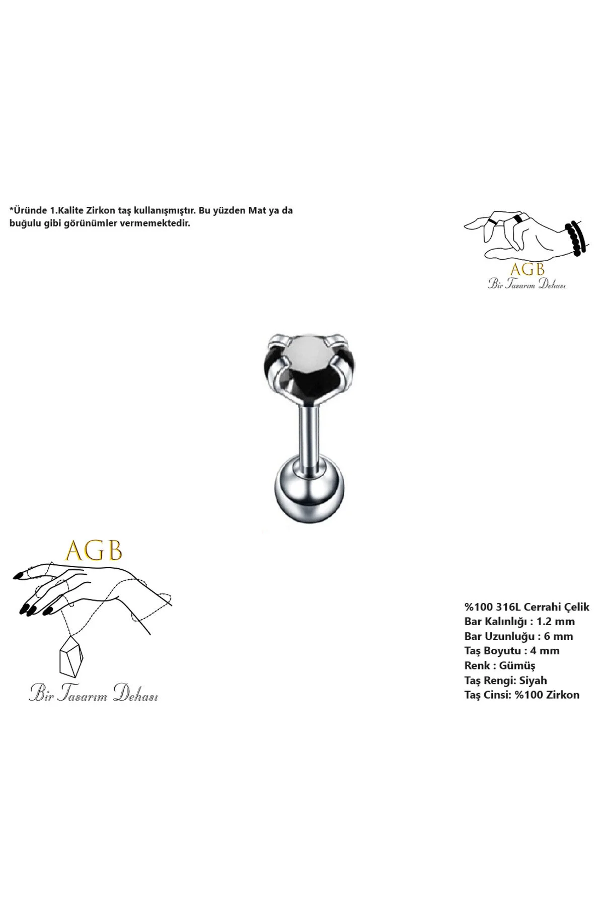 "AGB" Parıltı Taşlı 316L Cerrahi Çelik (Helix) & Burun Piercing (%100 AGB İbareli) 1