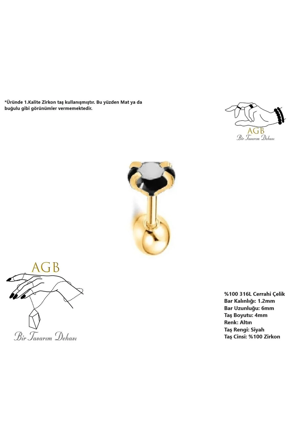 AGB" Parıltı Taşlı 316L Cerrahi Çelik  (Helix) & Burun Piercing (%100 AGB İbareli) 1