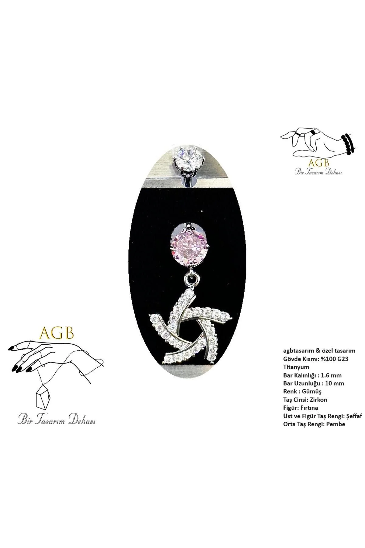 "AGB" Parıltı Taşlı Titanyum Gövdeli(Barlı) Fırtına Figürlü Aksesuarlı Göbek Piercing(Single, Lower) 1