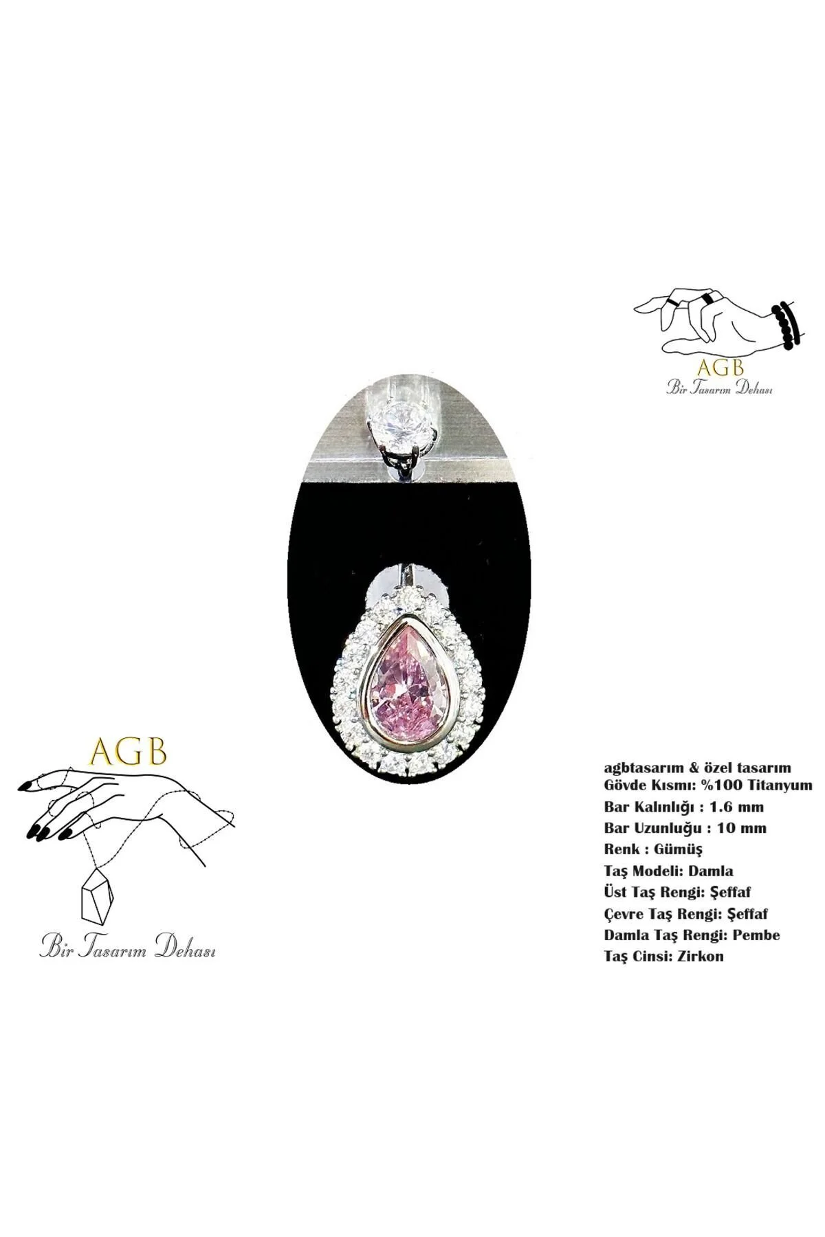 "AGB" Parıltı Taşlı Titanyum Gövdeli(Barlı) Damla Figürlü Aksesuarlı Göbek Piercing (Single, Lower) 1