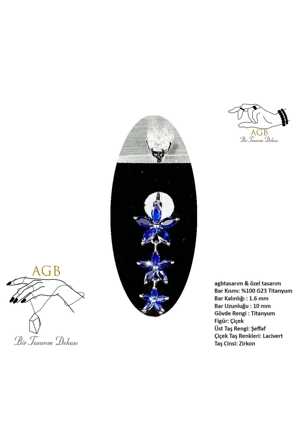 "AGB" Parıltı Taşlı Titanyum Gövdeli(Barlı) Çiçek Figürlü Aksesuarlı Göbek Piercing (Single, Lower) 1