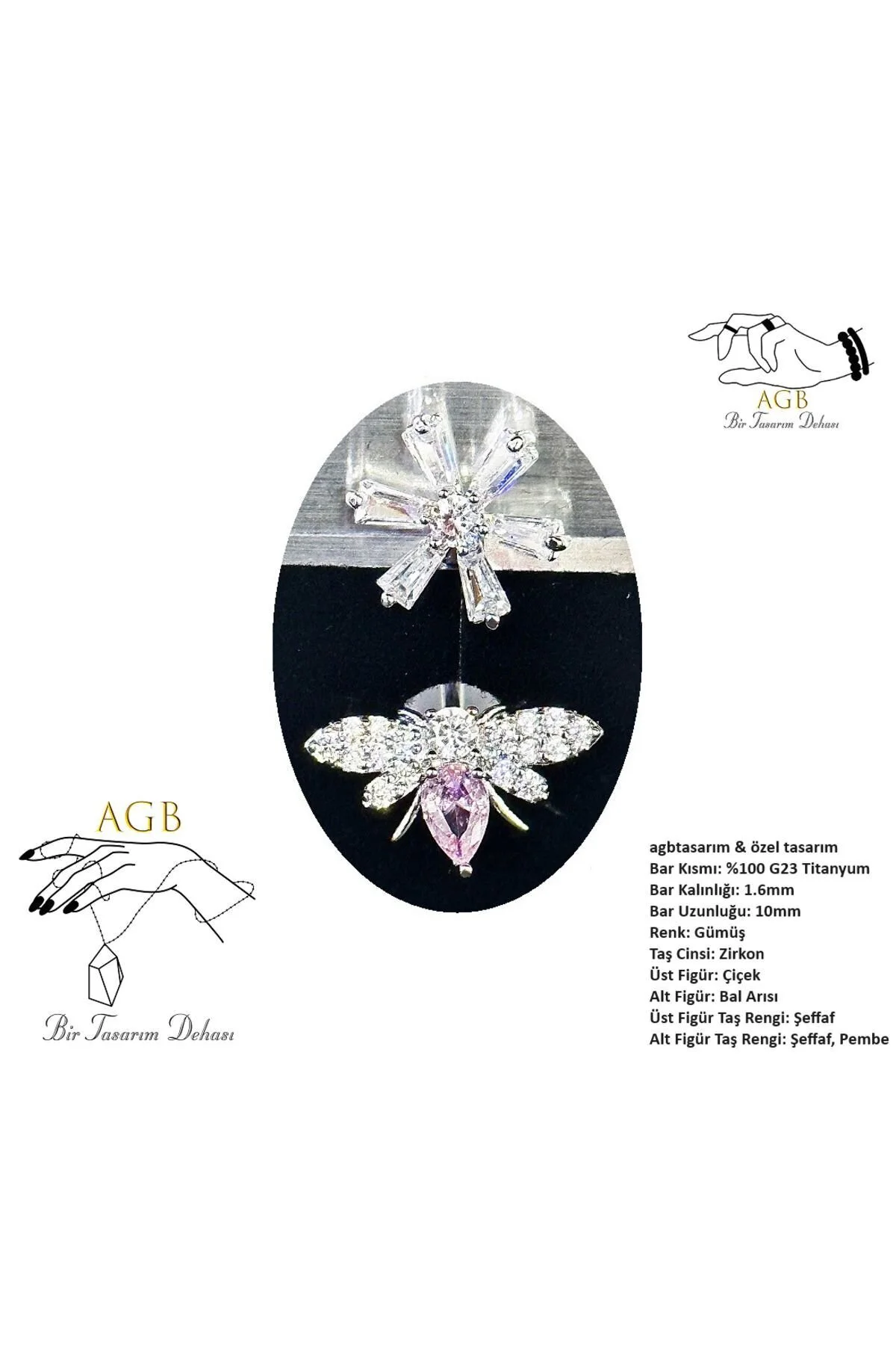 "AGB" Parıltı Taşlı Titanyum Gövdeli(Barlı) Çiçeğe Giden Bal Arısı Figürlü Aksesuarlı Göbek Piercing (Single, Lower) 1