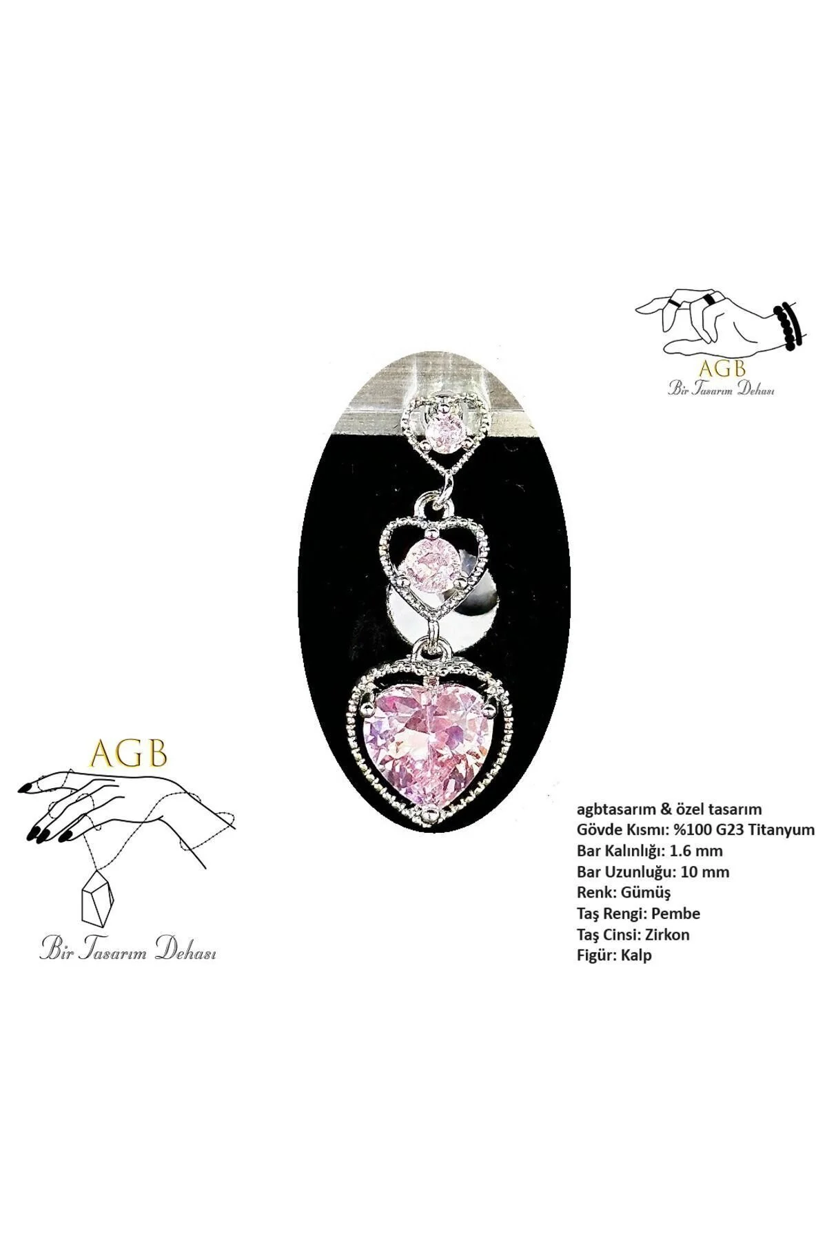 "AGB" Parıltı Taşlı Titanyum Gövdeli(Barlı) Zincirleme Kalp Figürlü Aksesuarlı Göbek Piercing (Single, Lower) 1