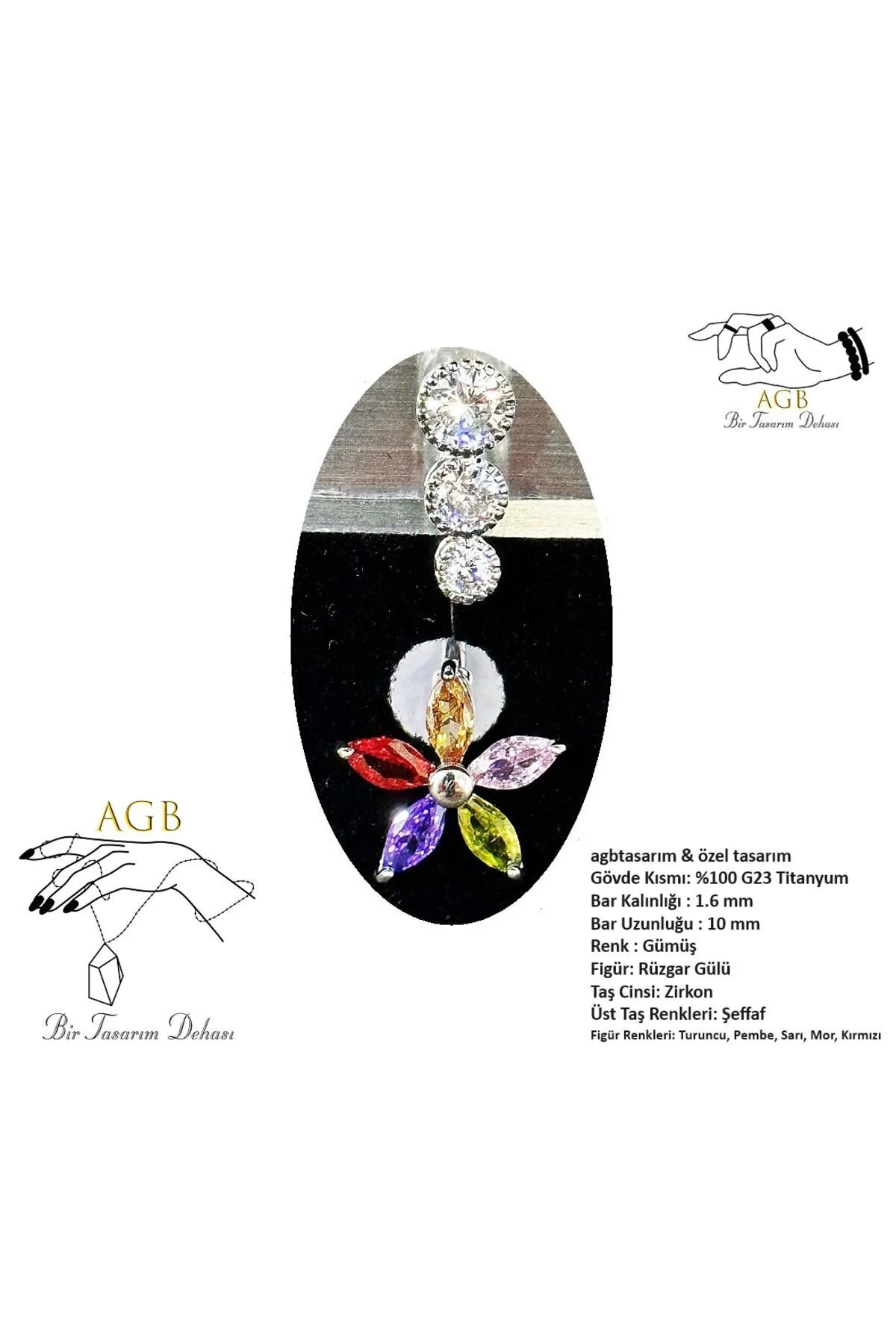 "AGB" Parıltı Taşlı Titanyum Gövdeli(Barlı) Yasemin Çiçeği Figürlü Aksesuarlı Göbek Piercing (Single, Lower) 1