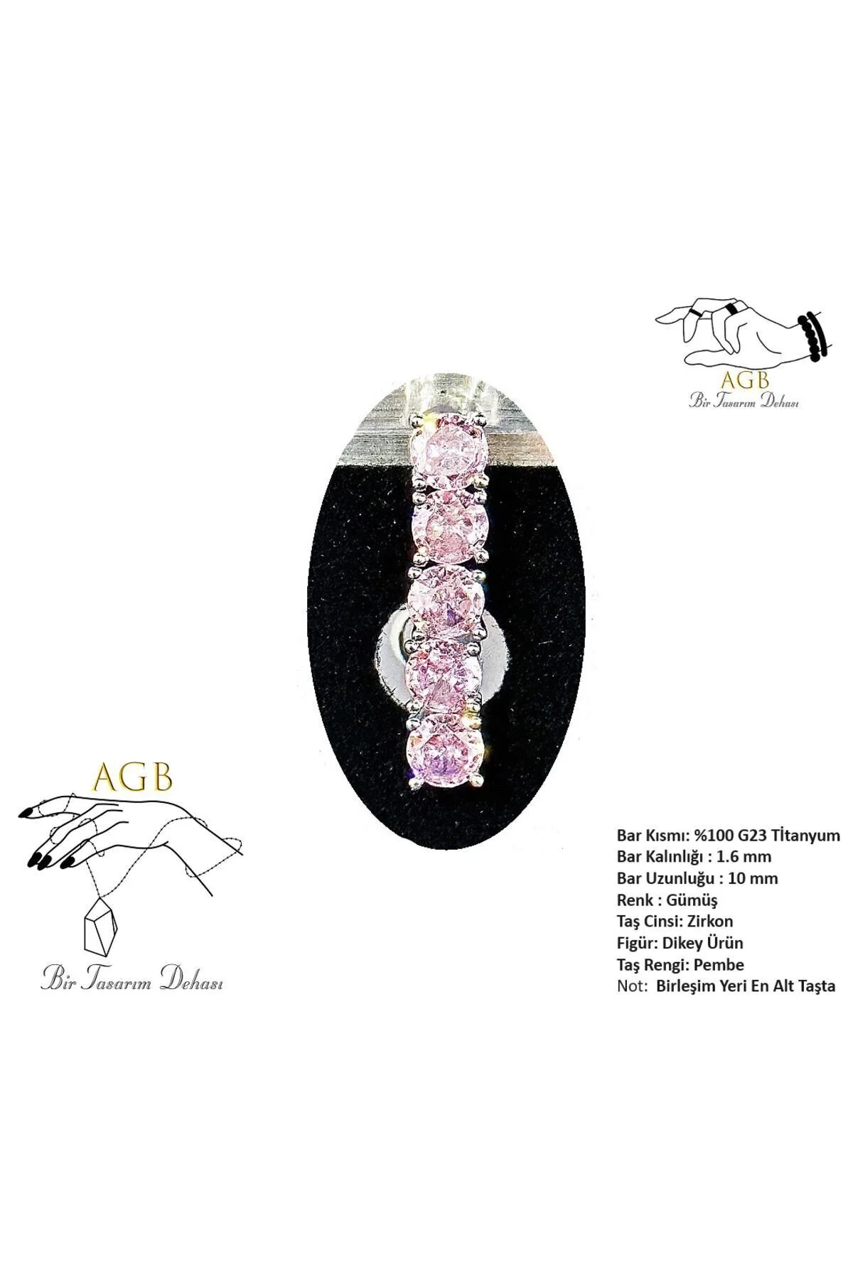 "AGB" Parıltı Taşlı Titanyum Gövdeli(Barlı) Sıralı Taş Figürlü Aksesuarlı Göbek Piercing (Single, Lower) 1