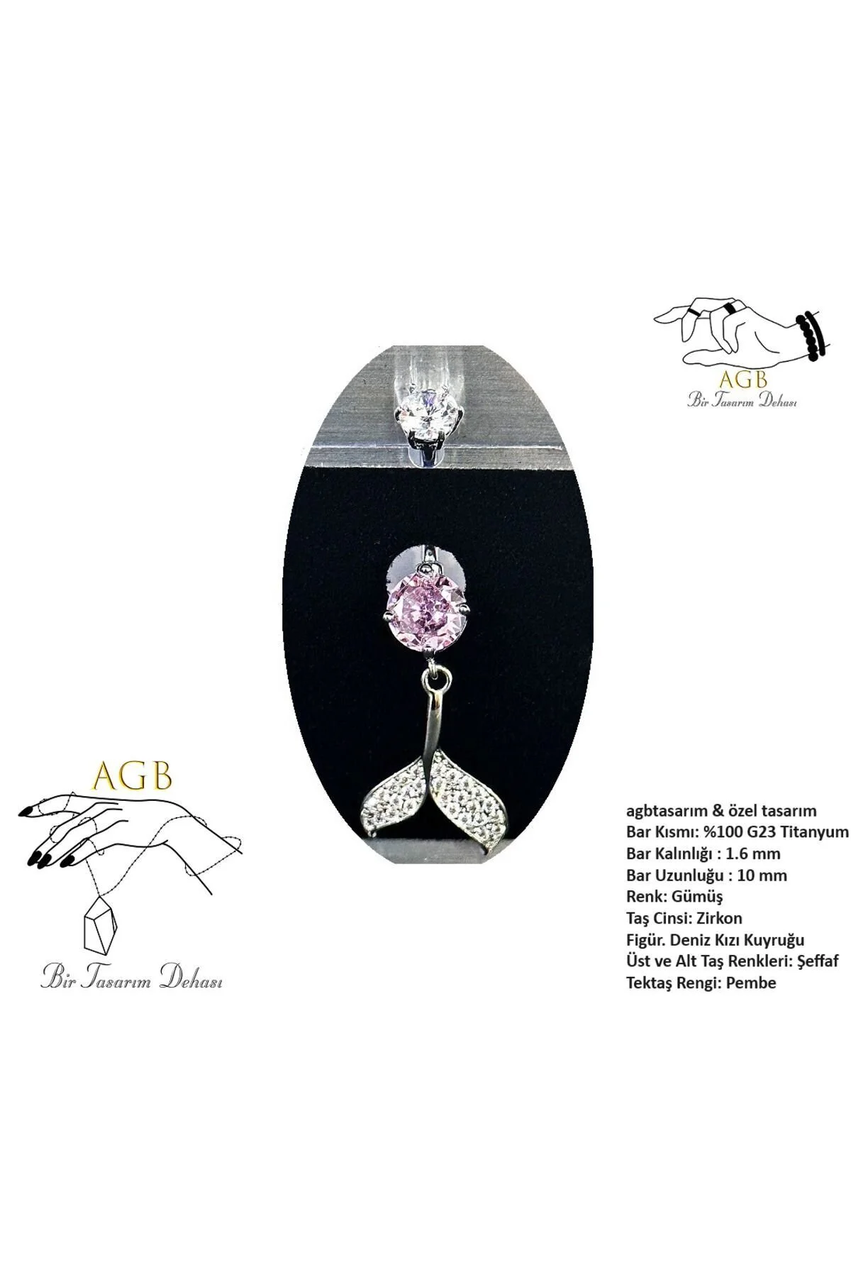 "AGB" Parıltı Taşlı Titanyum Gövdeli(Barlı) Deniz Kızı Kuyruğu Figürlü Aksesuarlı Göbek Piercing (Single, Lower) 1