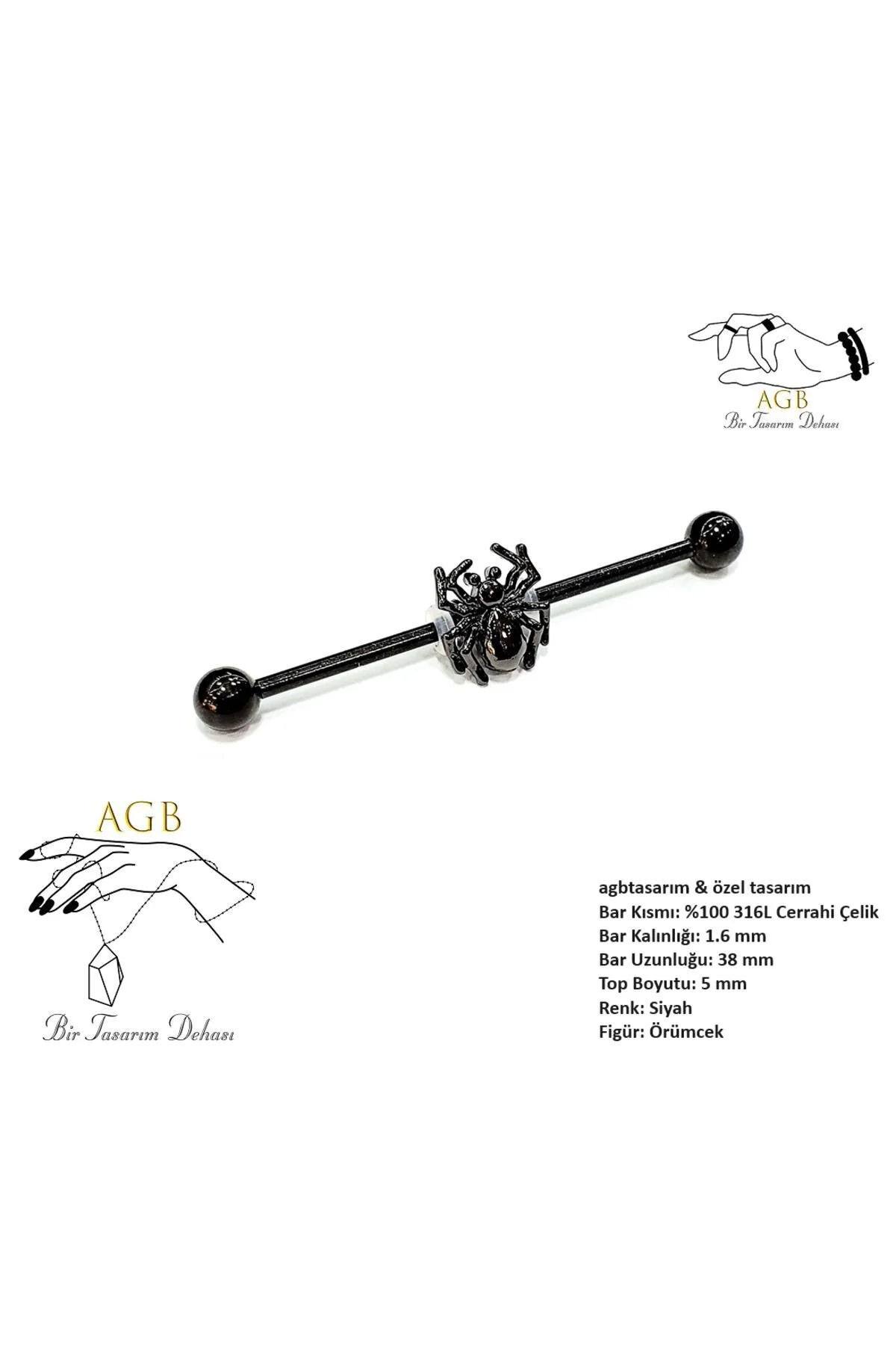 "AGB" Özel Örümcek Figürlü 316L Cerrahi Çelik Gövdeli(Barlı) Aksesuarlı Industrial & Köprü Piercing 1