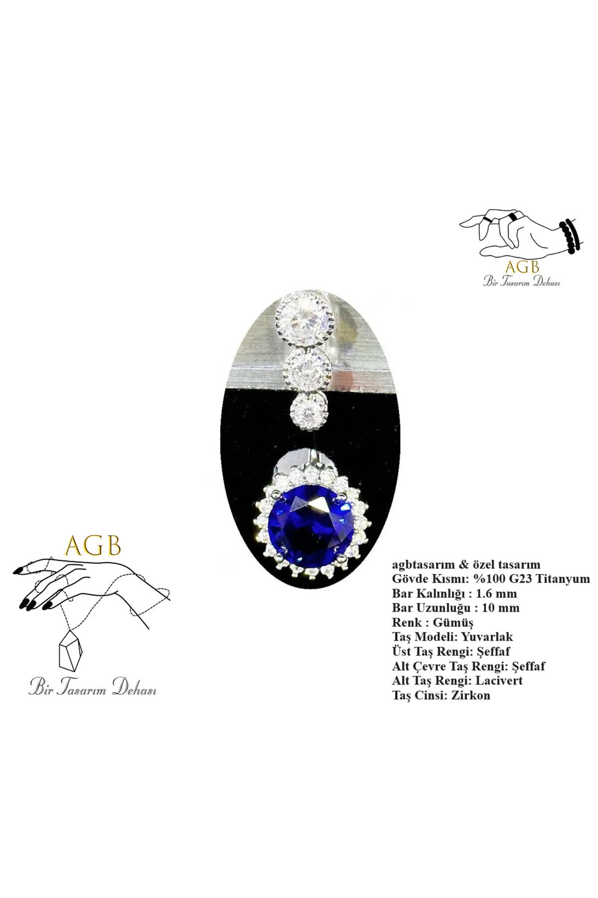 "AGB" Parıltı Taşlı Titanyum Gövdeli(Barlı) Özel Figürlü Aksesuarlı Göbek Piercing (Single, Lower) 1