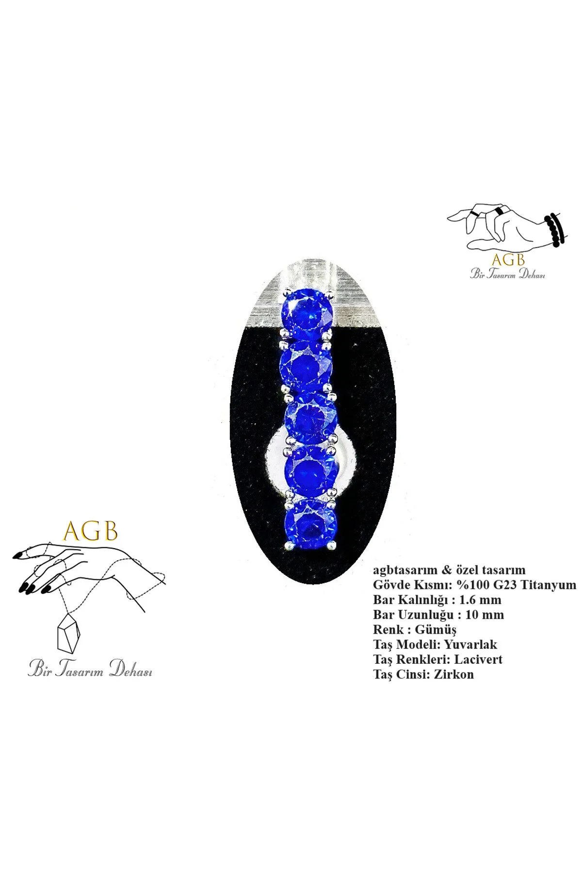 "AGB" Parıltı Taşlı Titanyum Gövdeli(Barlı) Sıralı Taş Figürlü Aksesuarlı Göbek Piercing (Single, Lower) 1