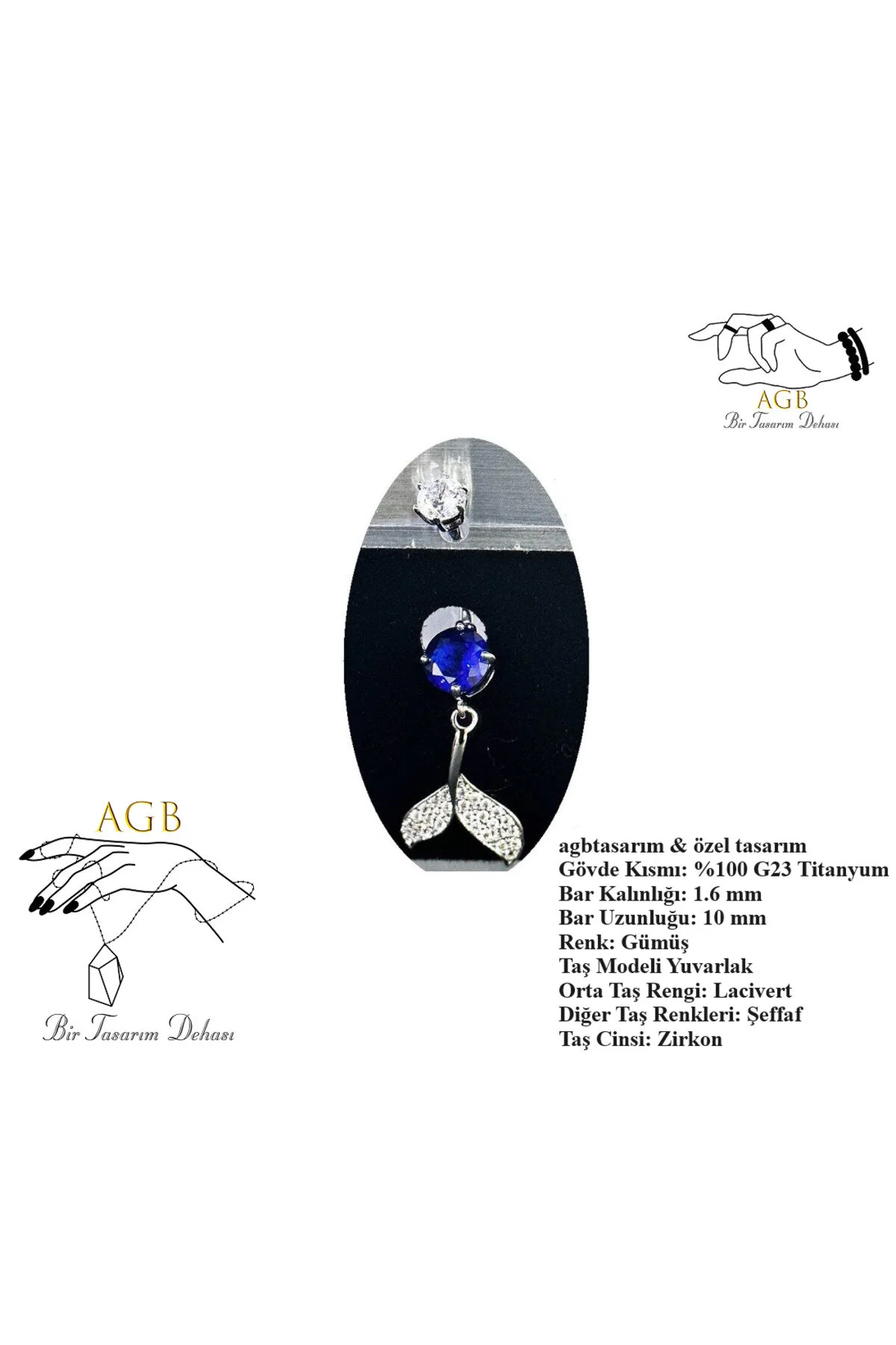 "AGB" Parıltı Taşlı Titanyum Gövdeli(Barlı) Deniz Kızı Kuyruğu Figürlü Aksesuarlı Göbek Piercing (Single, Lower) 1
