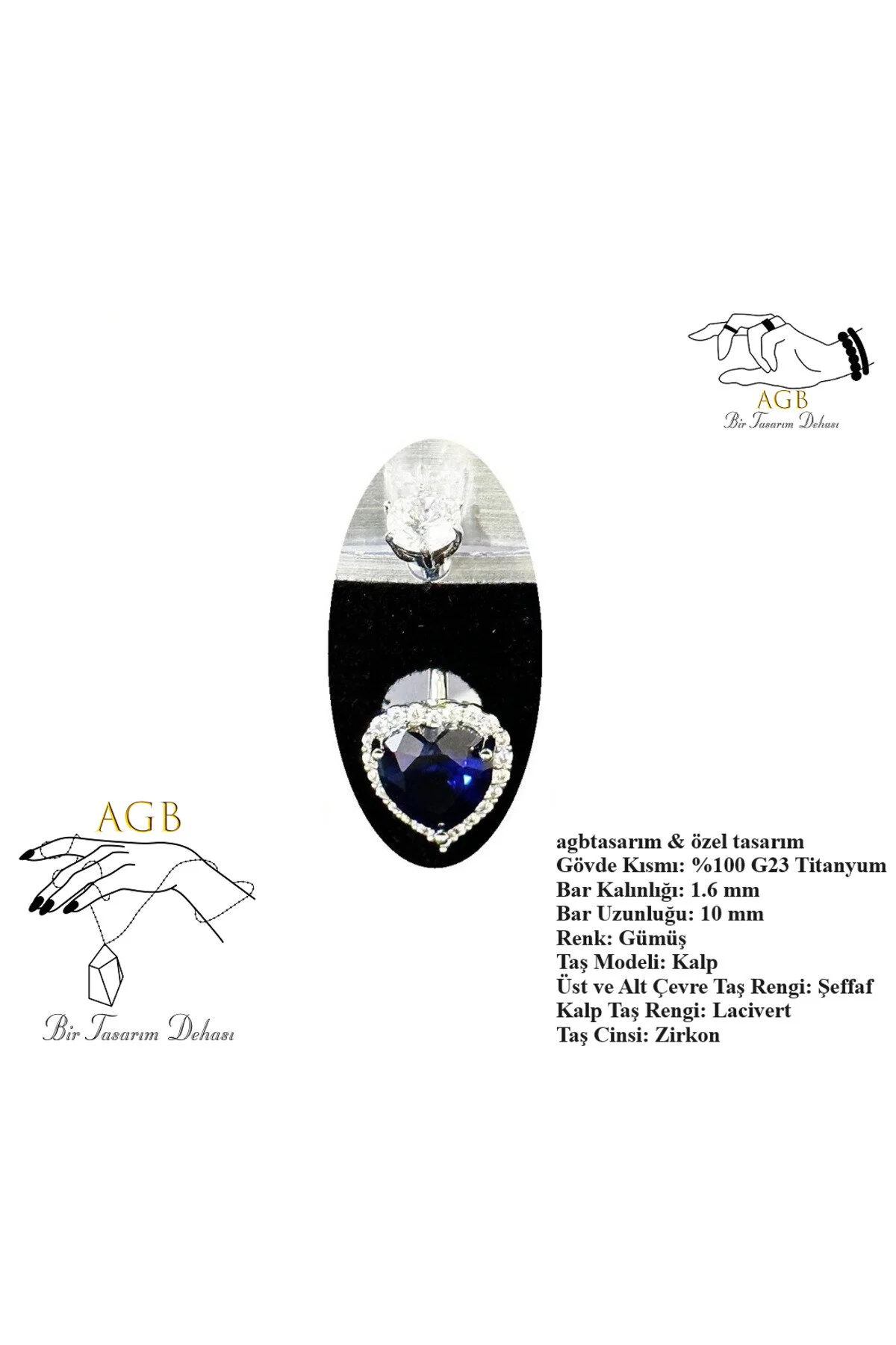 "AGB" Parıltı Kalp Taşlı Titanyum Gövdeli(Barlı) Özel Figürlü Aksesuarlı Göbek Piercing (Single, Lower) 1