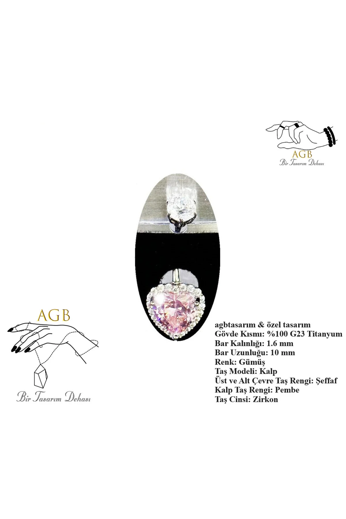 "AGB" Parıltı Kalp Taşlı Titanyum Gövdeli(Barlı) Özel Figürlü Aksesuarlı Göbek Piercing (Single, Lower) 1