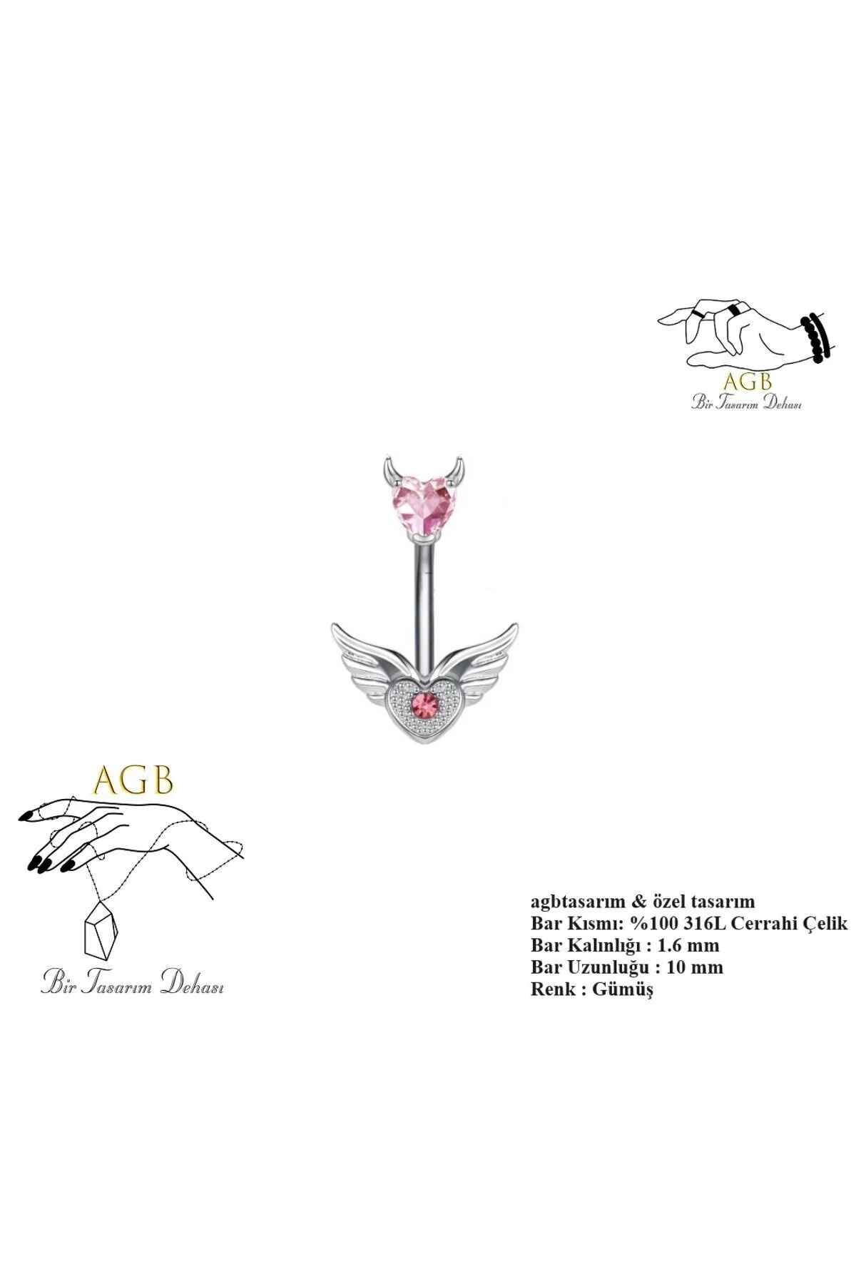"AGB" Parıltı Taşlı Kanat Figürlü 316L Çelik Gövdeli(Barlı) Aksesuarlı Belly & Göbek Piercing 1