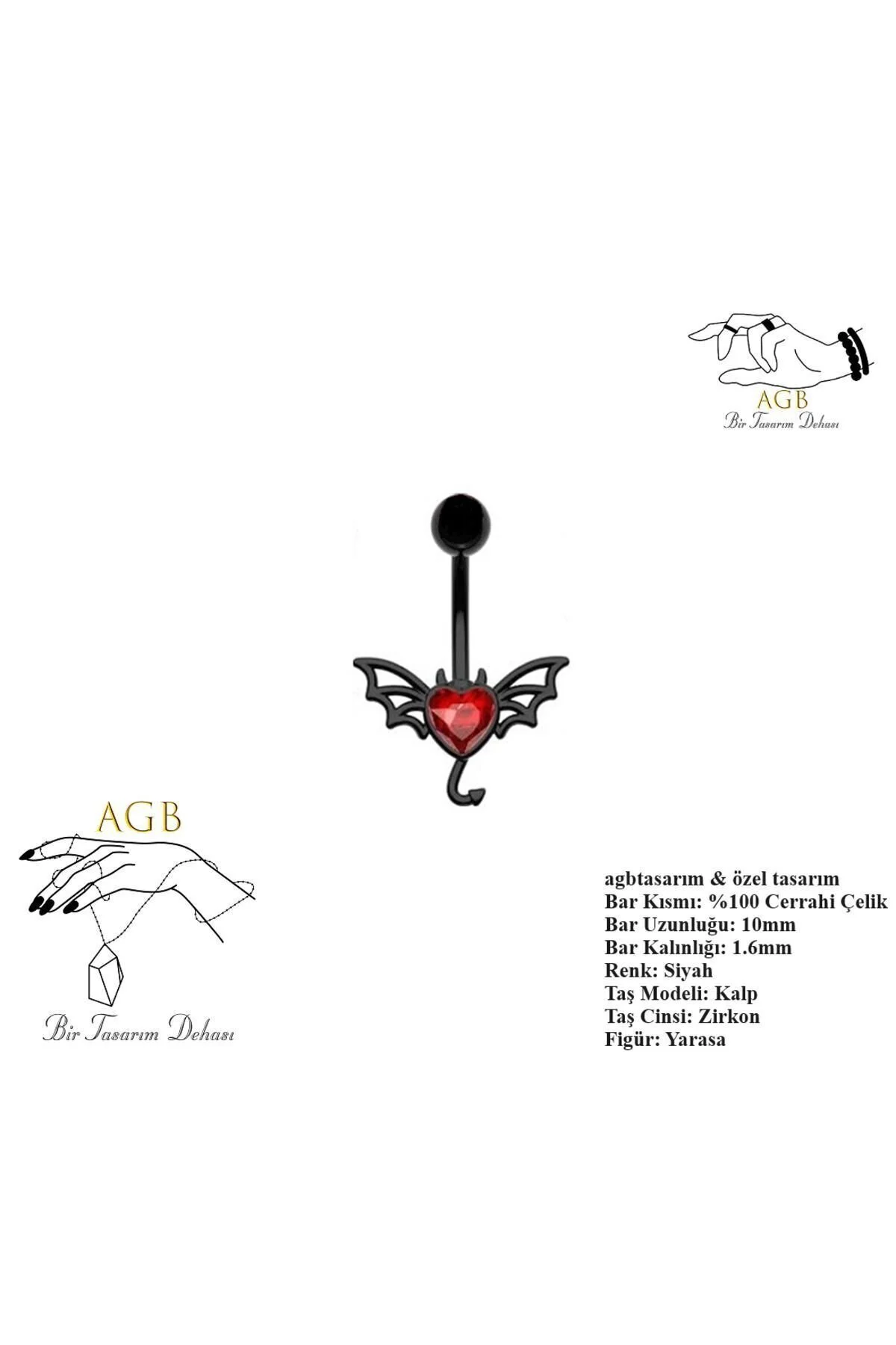 Yakut Rengi Kalp Taşlı Gotik Kanatlı Şeytan Figürlü Aksesuarlı Göbek Piercing (ÖZEL TASARIM) 1