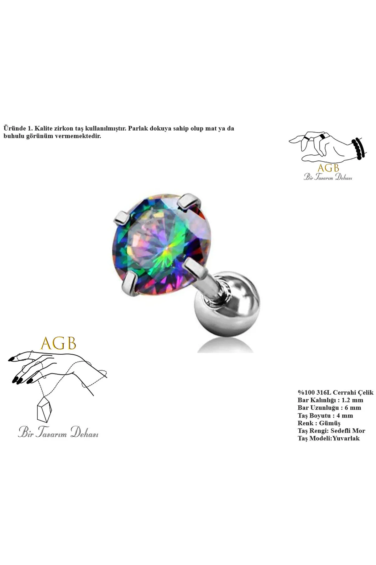 AGB Parıltı Mor Efekt Taşlı 316L Cerrahi Çelik (Helix) & Burun Piercing (%100 AGB İbareli) 1