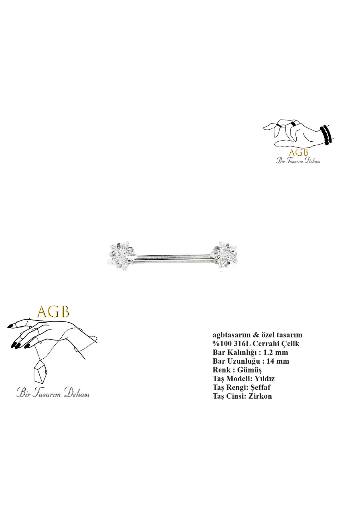AGB Parıltı Yıldız Taşlı 316L Cerrahi Çelik Tasarım Göğüs & Nipple Piercing (%100 "AGB" İbareli) 1