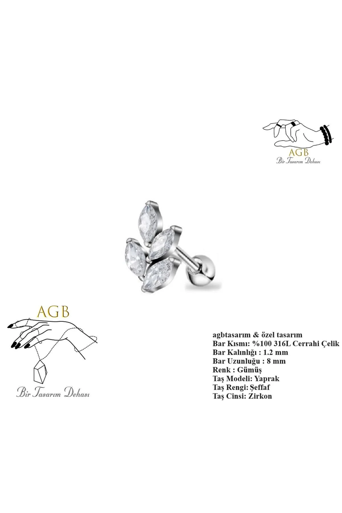 "AGB" Parıltı Taşlı Yaprak Figürlü Aksesuarlı  Kulak, Kıkırdak, Helix & Tragus Piercing 1