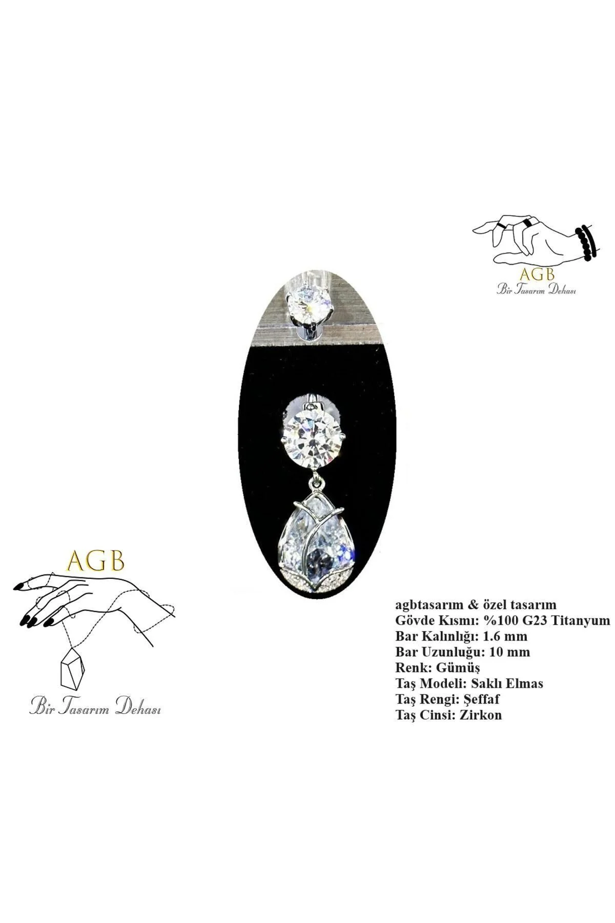 "AGB" Parıltı Taşlı Titanyum Gövdeli(Barlı) Kilitli Damla Figürlü Aksesuarlı Göbek Piercing (Single, Lower) 1