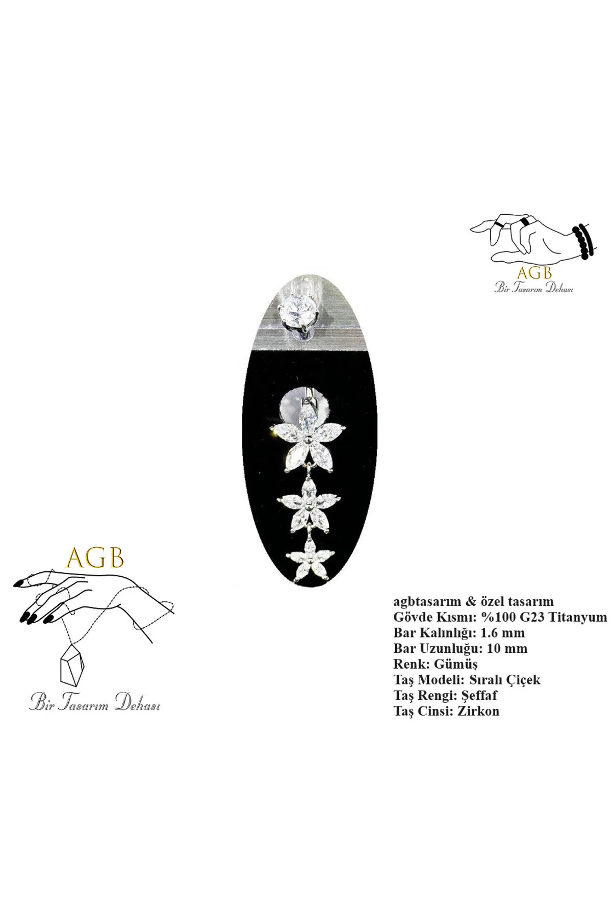 "AGB" Parıltı TAŞLI "SINGLE", "LOWER," SARMAL ÇİÇEK FİGÜRLÜ GÖBEK PİERCİNG (TİTANYUM GÖVDELİ) 1