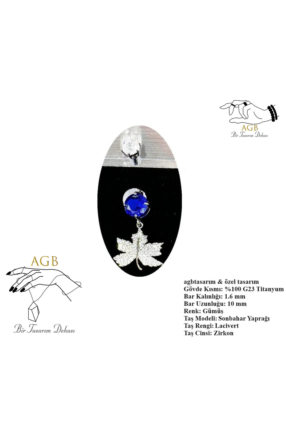 "AGB" Parıltı Taşlı Titanyum Gövdeli(Barlı) Sonbahar Yaprağı Figürlü Aksesuarlı Göbek Piercing (Single, Lower) 1