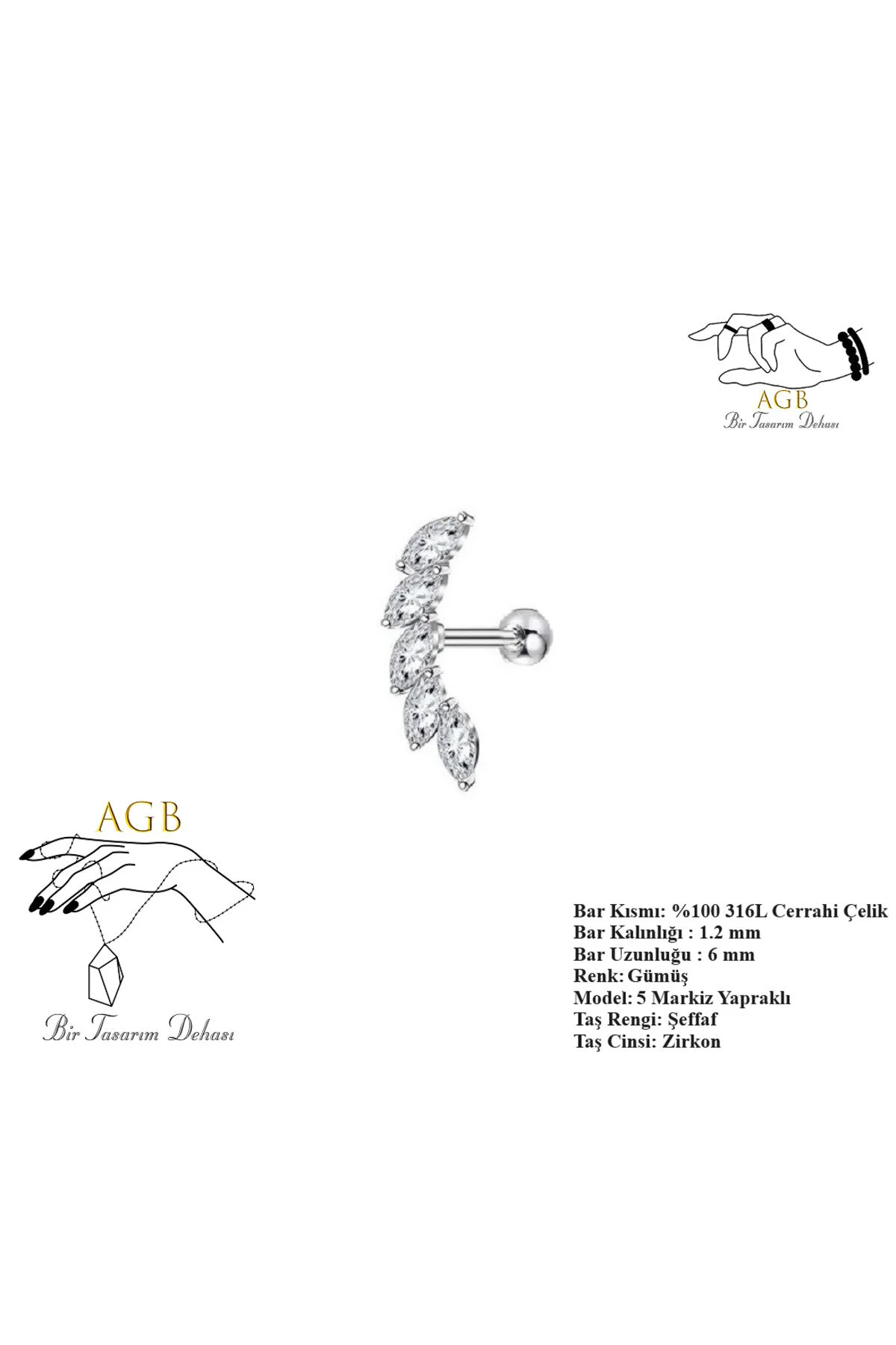 "AGB" Parıltı Taşlı Yelpaze Figürlü Aksesuarlı  Kulak, Kıkırdak, Helix & Tragus Piercing 1