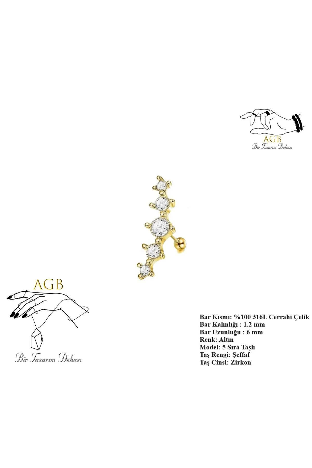 "AGB" Parıltı Taşlı 5 Sırataş Figürlü Aksesuarlı  Kulak, Kıkırdak, Helix & Tragus Piercing 1