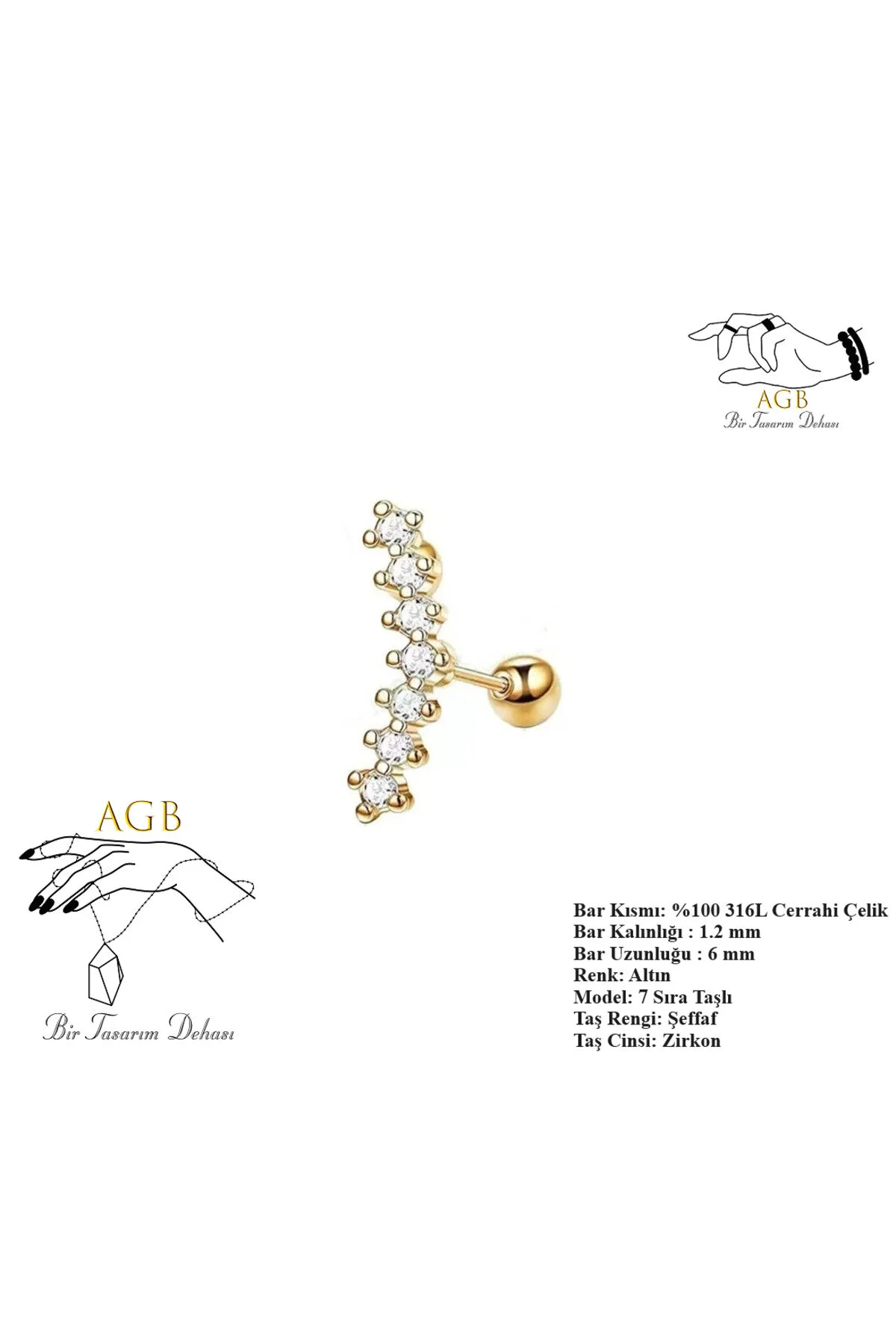 "AGB" Parıltı Taşlı Sırataş Figürlü Aksesuarlı  Kulak, Kıkırdak, Helix & Tragus Piercing 1