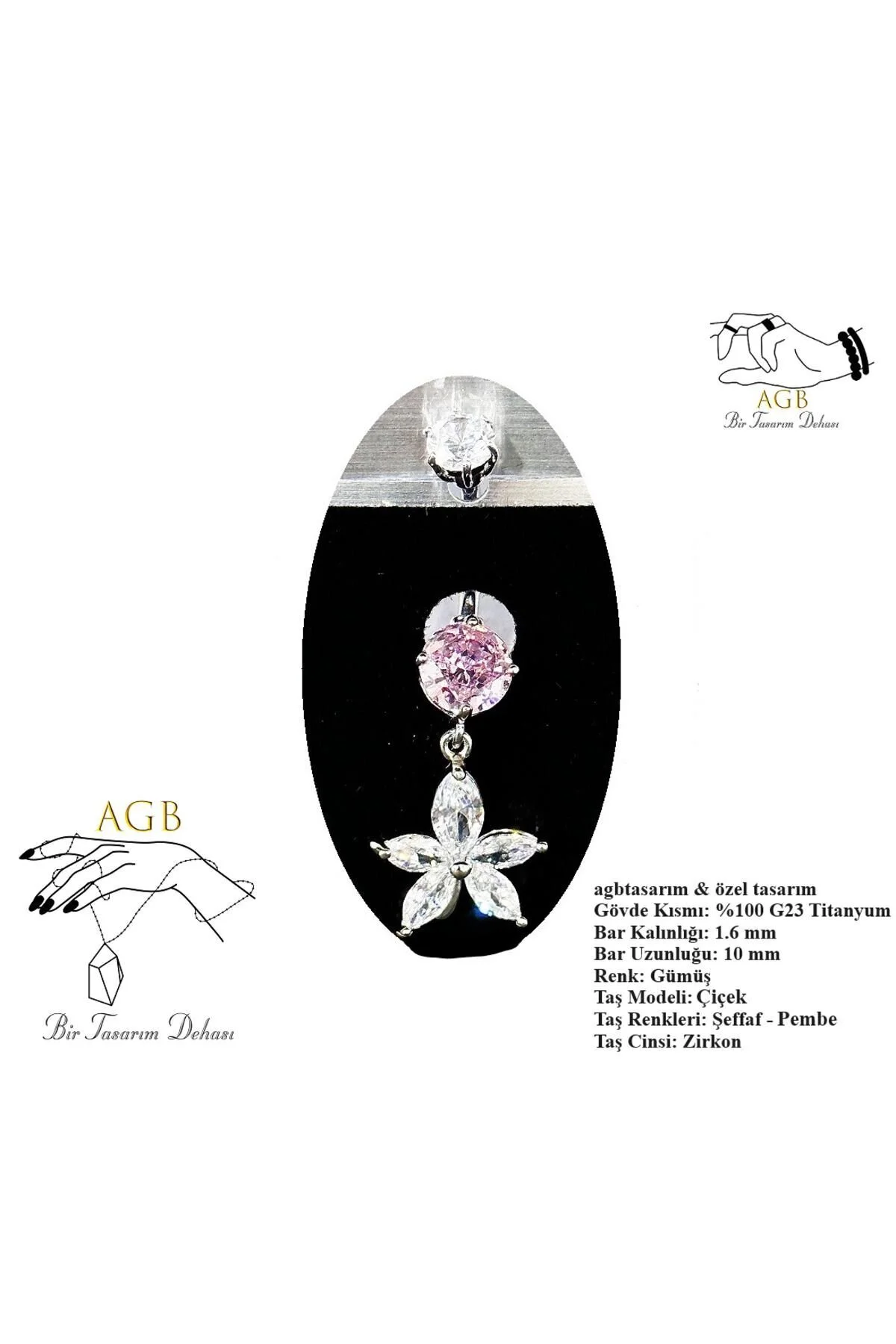 "AGB" Parıltı Taşlı Titanyum Gövdeli Yasemin Çiçeği Figürlü Aksesuarlı Göbek Piercing (Single, Lower) 1
