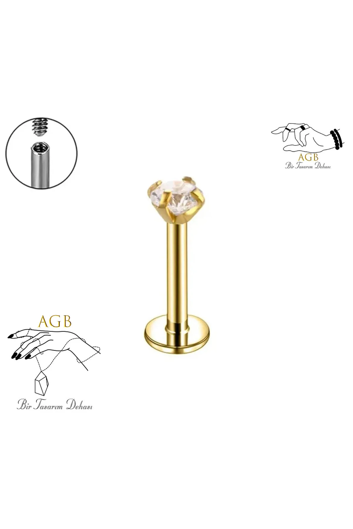 Minimal "AGB" Parıltı Taşlı G23 Titanyum Helix, Dudak & Burun Piercing (%100 "AGB" İbareli) 1