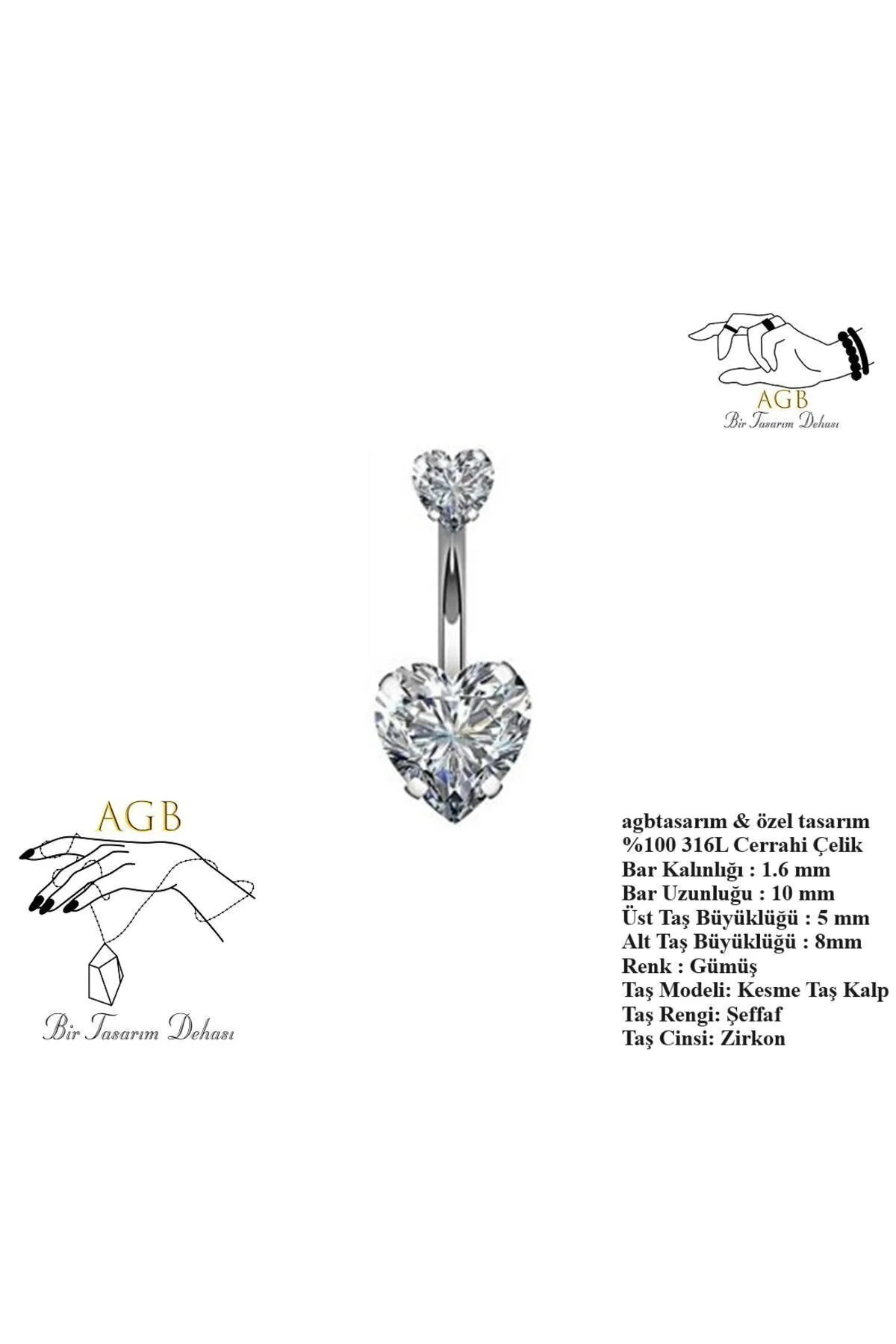 "AGB" Parıltı Kalp Taşlı 316L Cerrahi Çelik "single", "lower", "double" Göbek Piercing 1