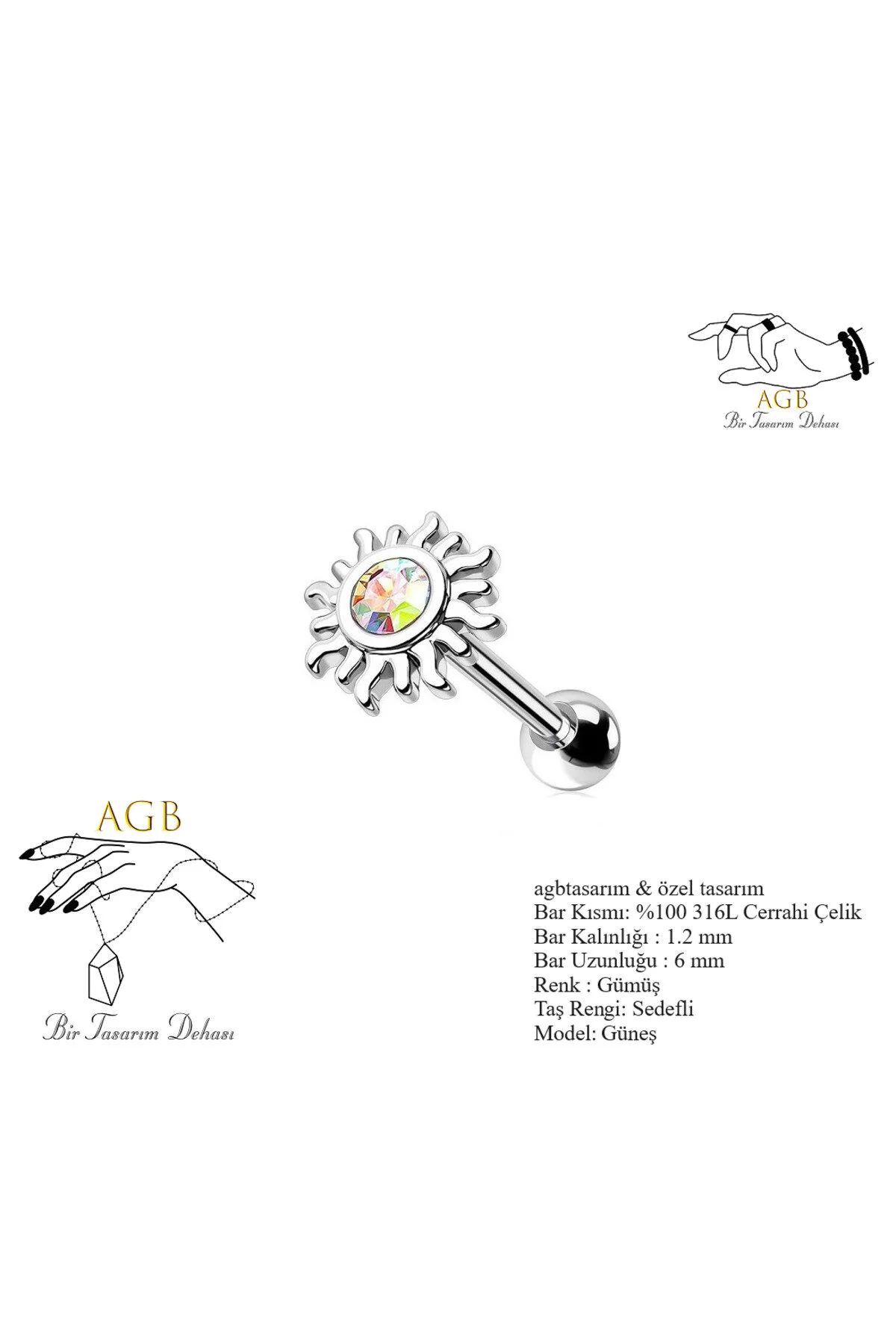 "AGB" Özel Taşlı Güneş Figürlü Aksesuarlı Kulak, Kıkırdak, Helix & Tragus Piercing 1