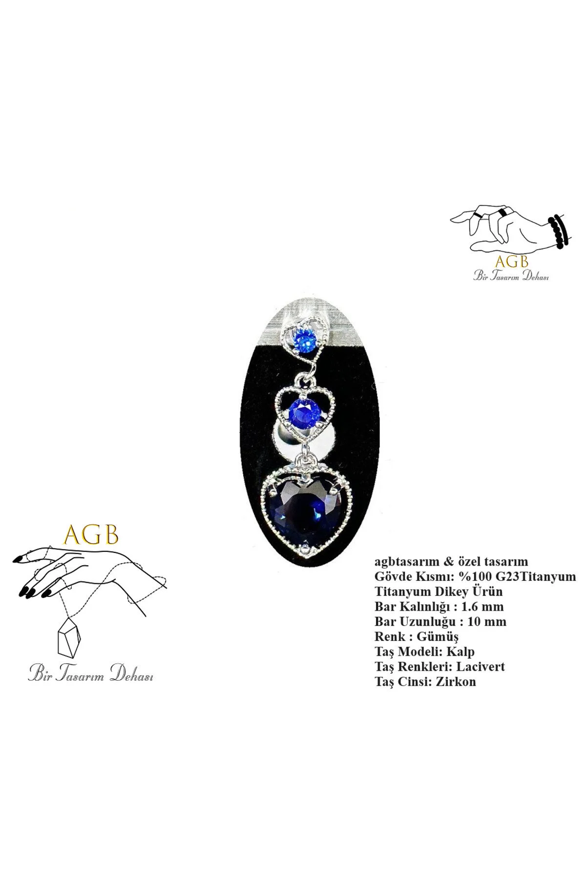 "AGB" Parıltı Kalp Taşlı Titanyum Gövdeli(Barlı) Zincirleme Kalp Figürlü Aksesuarlı Göbek Piercing (Single, Lower) 1