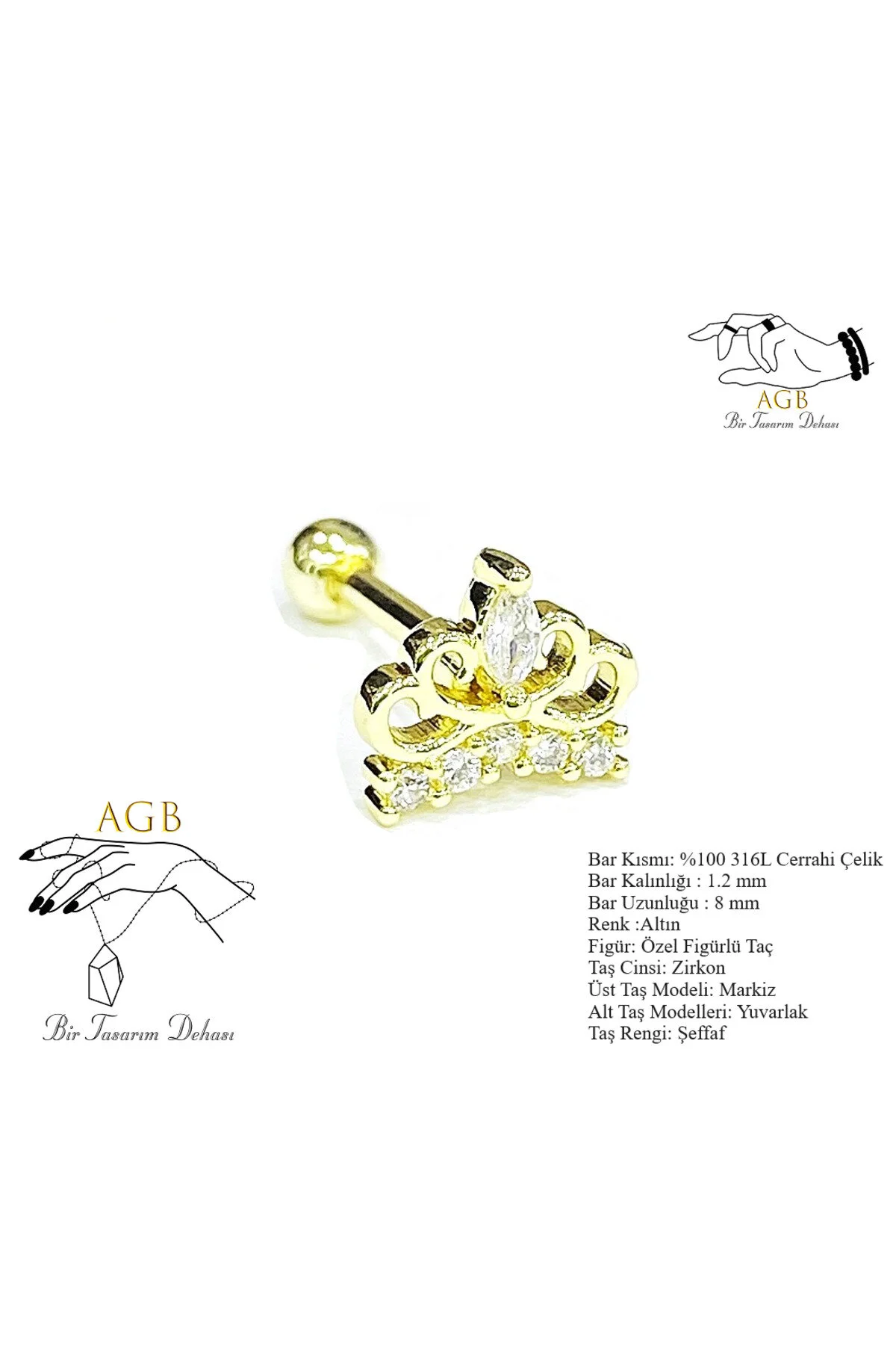 "AGB" Parıltı Taşlı Taç Figürlü Aksesuarlı  Kulak, Kıkırdak, Helix & Tragus Piercing 1