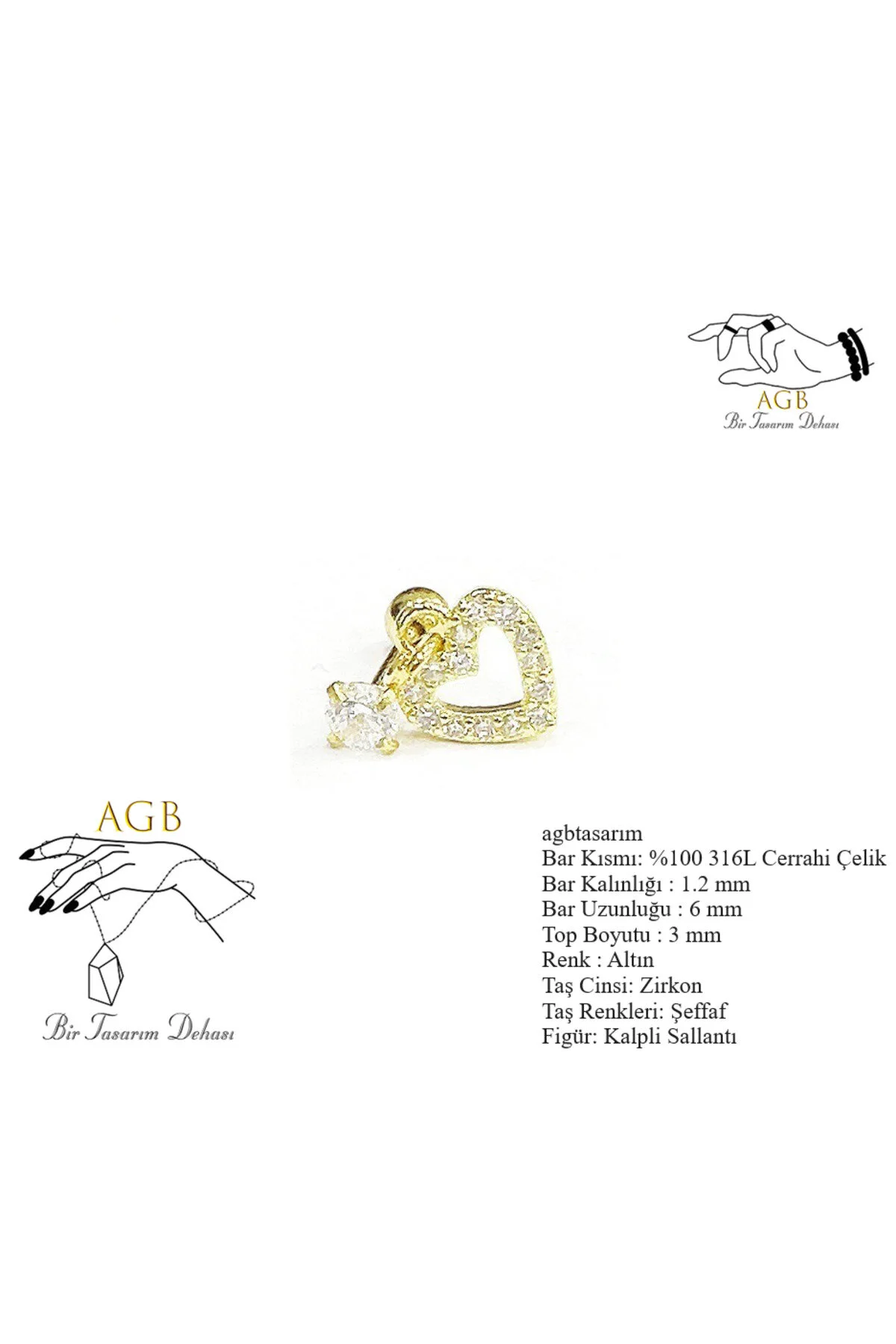 "AGB" Parıltı Taşlı Kalp Figürlü Aksesuarlı  Kulak, Kıkırdak, Helix & Tragus Piercing 1