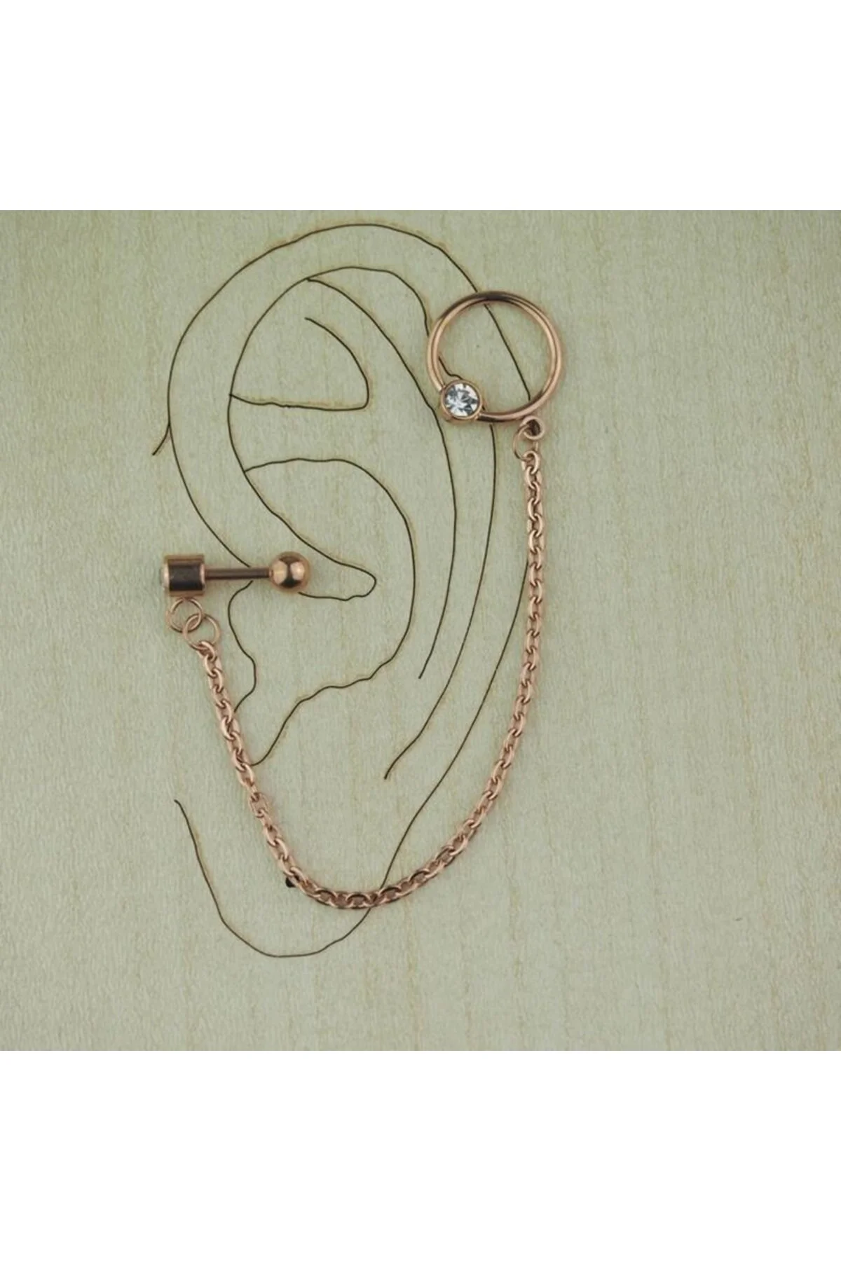 Halka  FİGÜRLÜ  TEKTAŞLI Kulak, Helix  SALLANTI Zincirli Çift Delik Piercing, Küpe 1