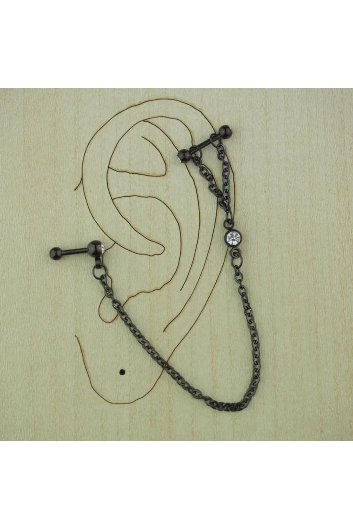 KANCA FİGÜRLÜ  TEKTAŞLI Kulak, Helix  SALLANTI Zincirli Çift Delik Piercing, Küpe 1