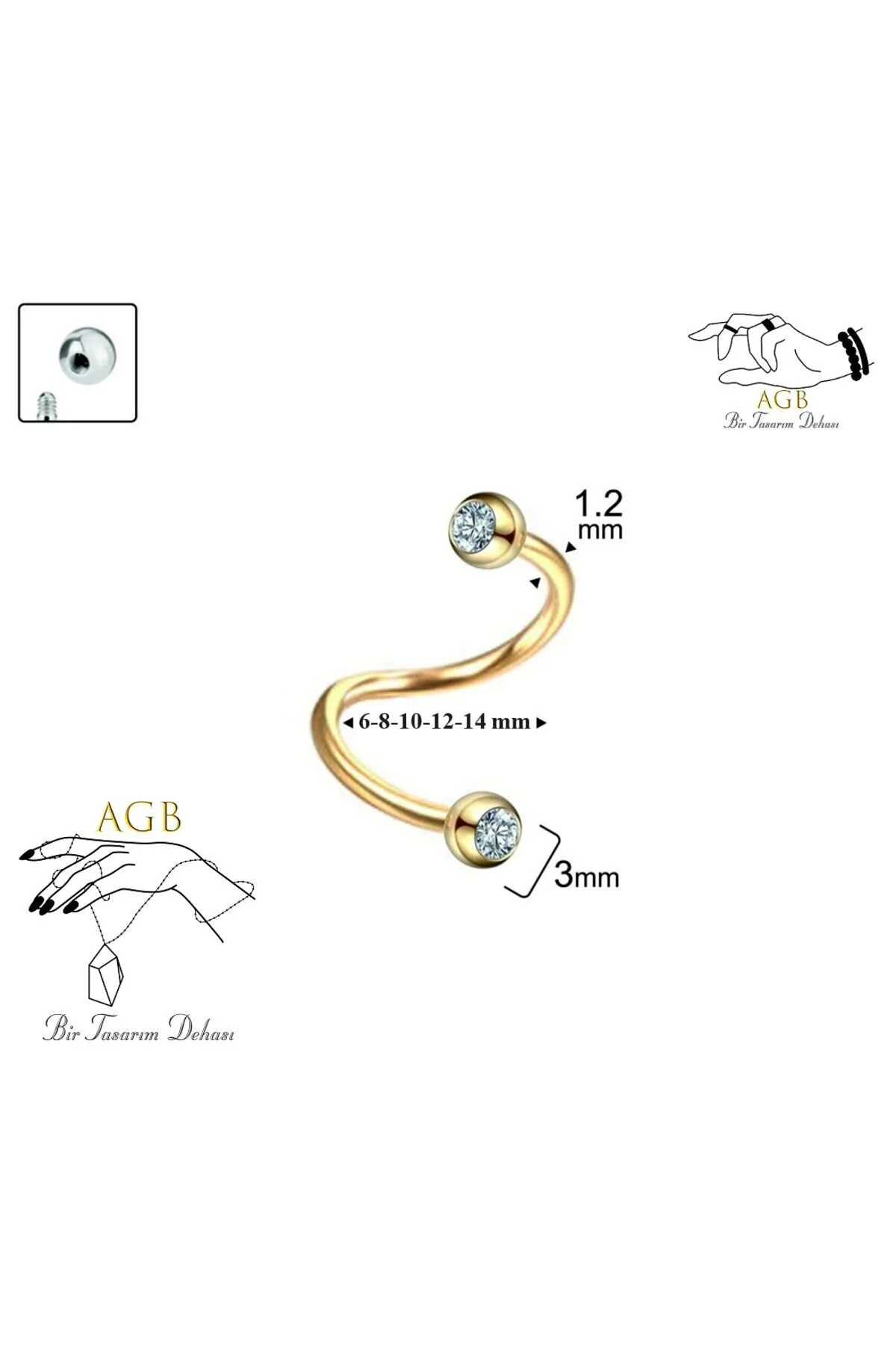 Cerrahi Çelik TAŞLI "septum, Nose, Helix, Kaş, Kulak, Burun, Dudak, Kıkırdak" Spiral Halka Piercing 1