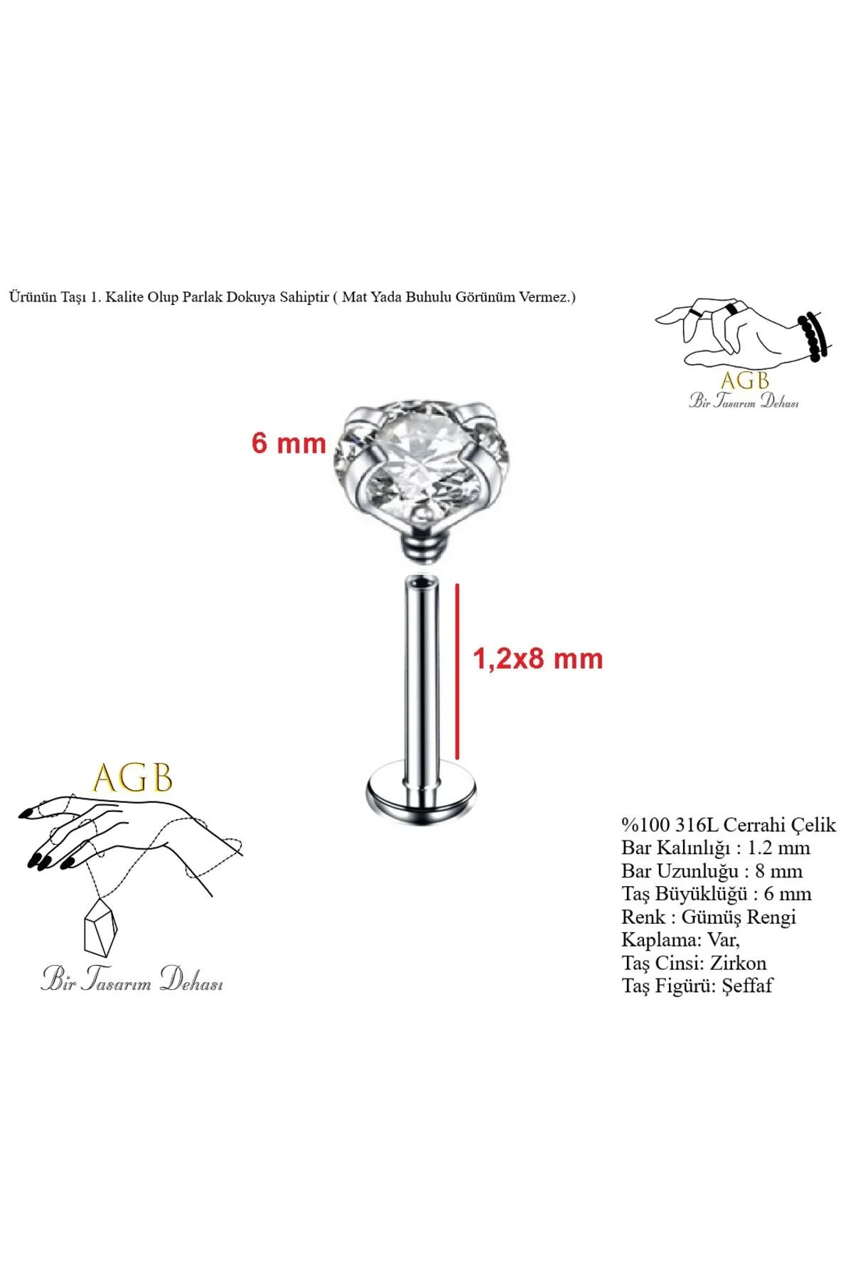 İhtişamlı "AGB" Parıltı Taşlı 316L Çelik Helix, Dudak & Burun Piercing (%100 "AGB" İbareli) 1