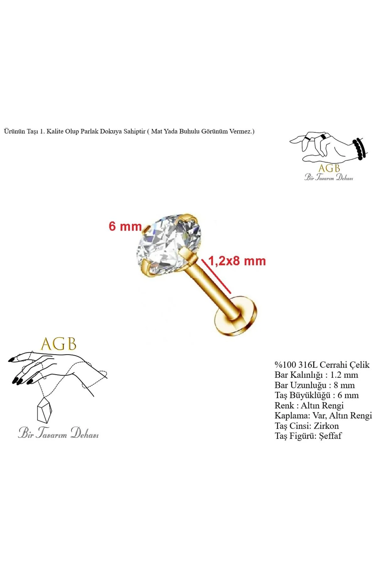 İhtişamlı "AGB" Parıltı Taşlı 316L Çelik Helix, Dudak & Burun Piercing (%100 "AGB" İbareli) 1