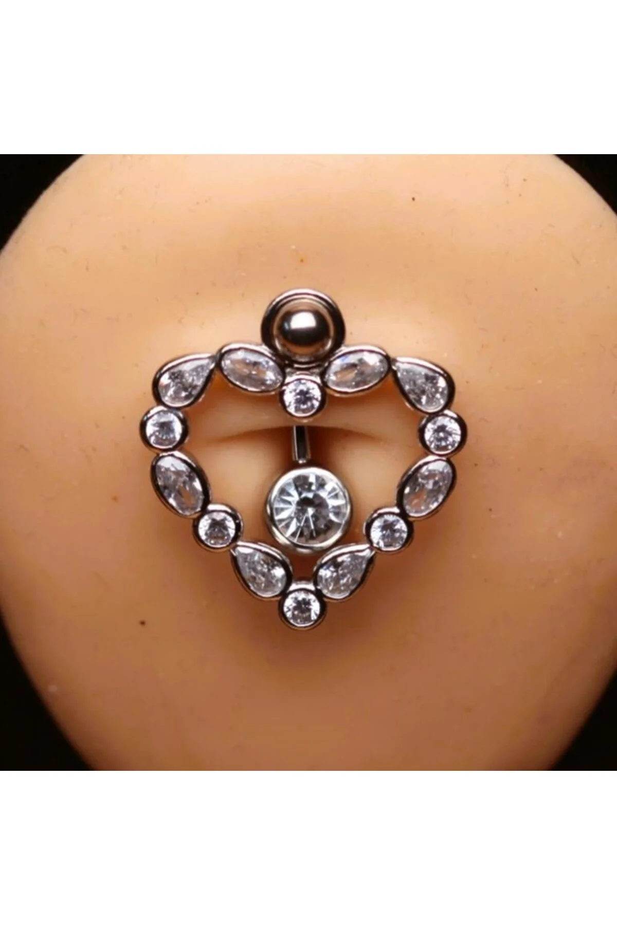 TAŞLA ÇEVRİLİ TEKTAŞ KALPLİ AKSESUARLI GÖBEK Piercing (CERRAHİ ÇELİK GÖVDELİ) 1