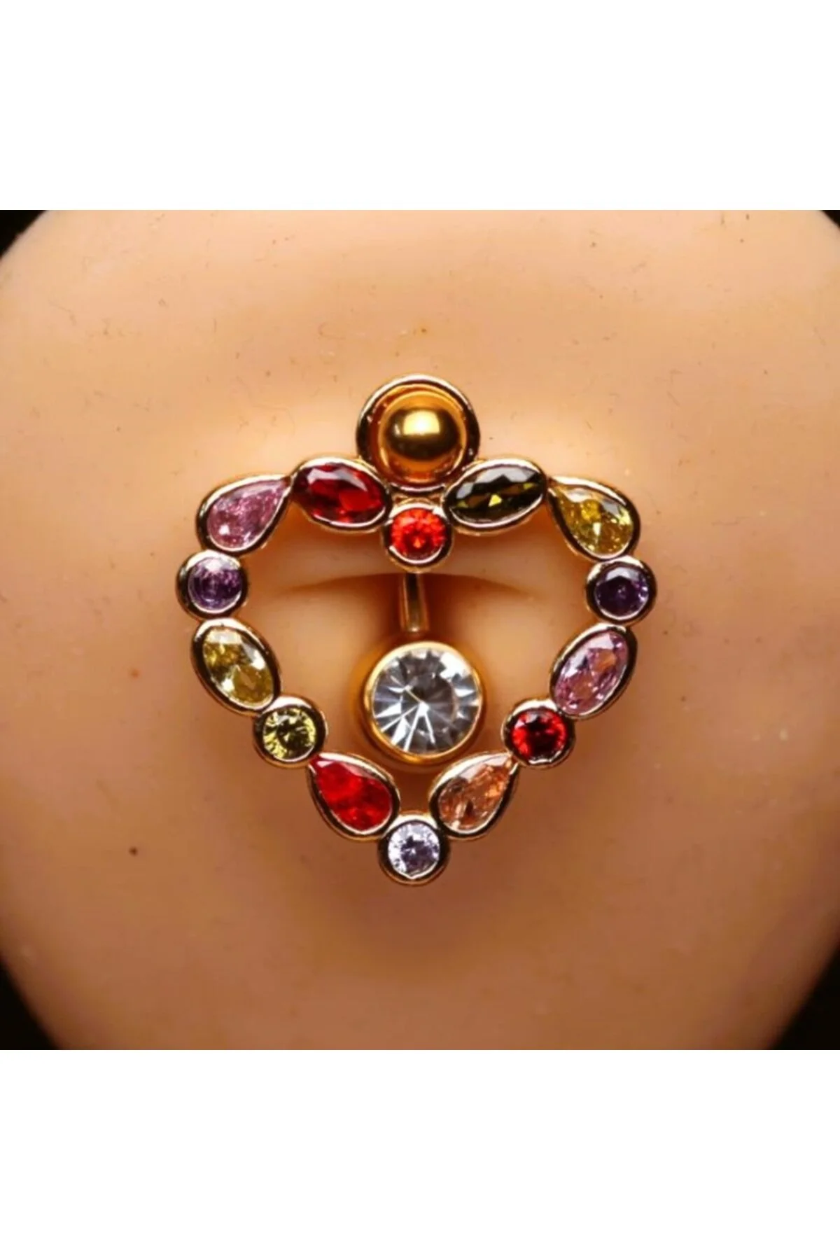 Karma Taşla Çevrili Tektaş Kalpli Aksesuarlı Göbek Piercing (Cerrahi Çelik Gövdeli) 1