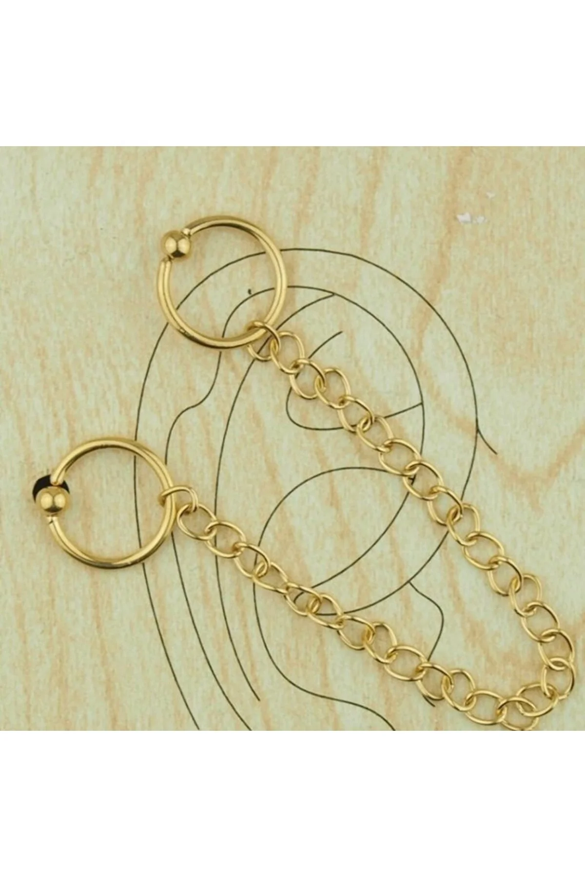 HALKA FİGÜRLÜ  TOPLU Kulak, Helix  SALLANTI Zincir Detaylı Çift Delik KÖPRÜ Piercing, Küpe 1