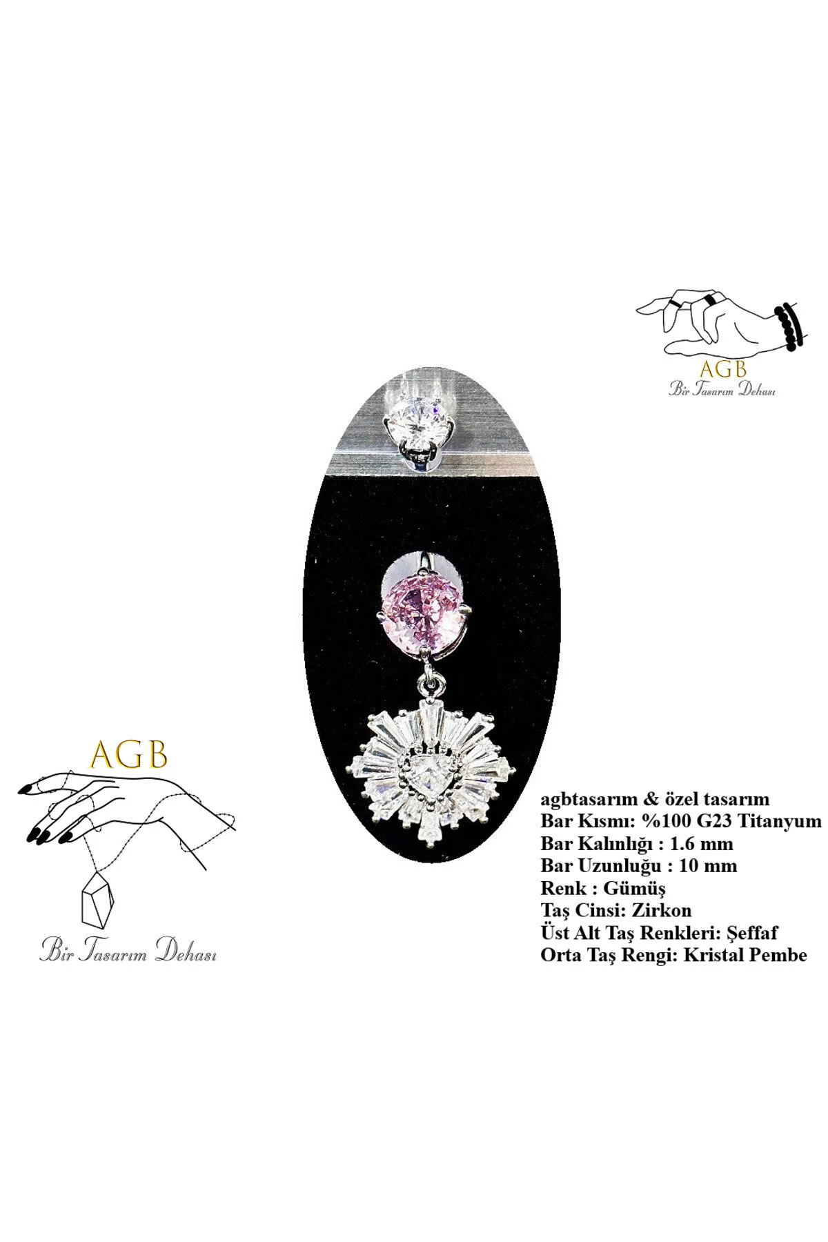 "AGB" Parıltı Taşlı Titanyum Gövdeli Madalyon Figürlü Aksesuarlı Göbek Piercing (Single, Lower) 1
